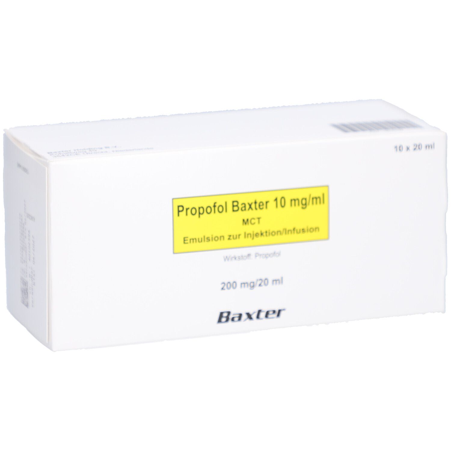 Weiße Kartonverpackung mit gelbem Etikett. Aufschrift: Propofol Baxter 10 mg/ml, MCT, Emulsion zur Injektion/Infusion. Baxter-Logo.