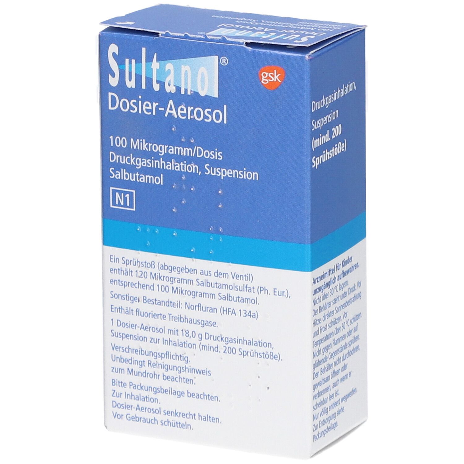 Blau-weiße Schachtel mit Produktnamen SULTANOL Dosier-Aerosol. Text: 100 Mikrogramm/Dosis, Druckgasinhalation, Suspension, Salbutamol. N1.