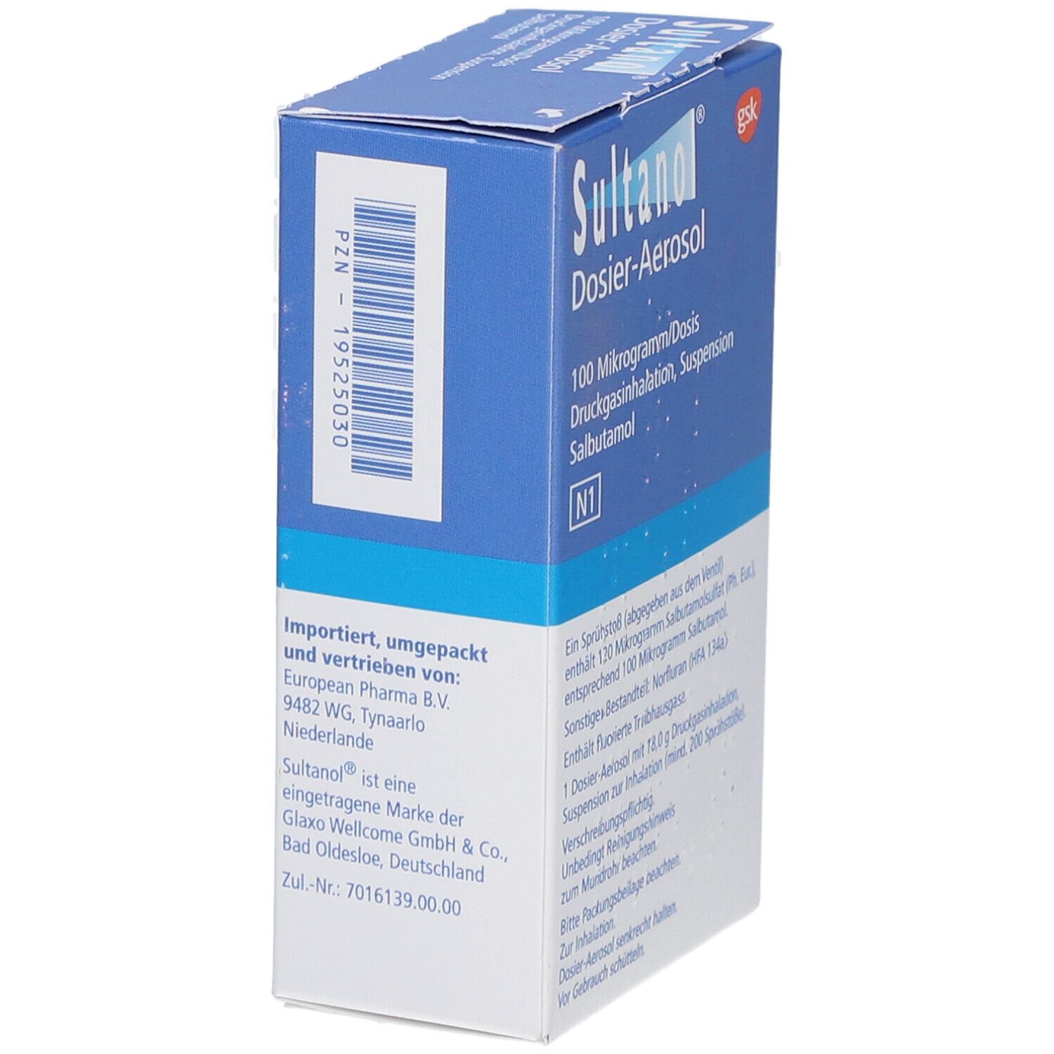 Schachtel SULTANOL Dosier-Aerosol, blau-weiß. Text: Importiert und vertrieben von: European Pharma B.V. Barcode und weitere Informationen.
