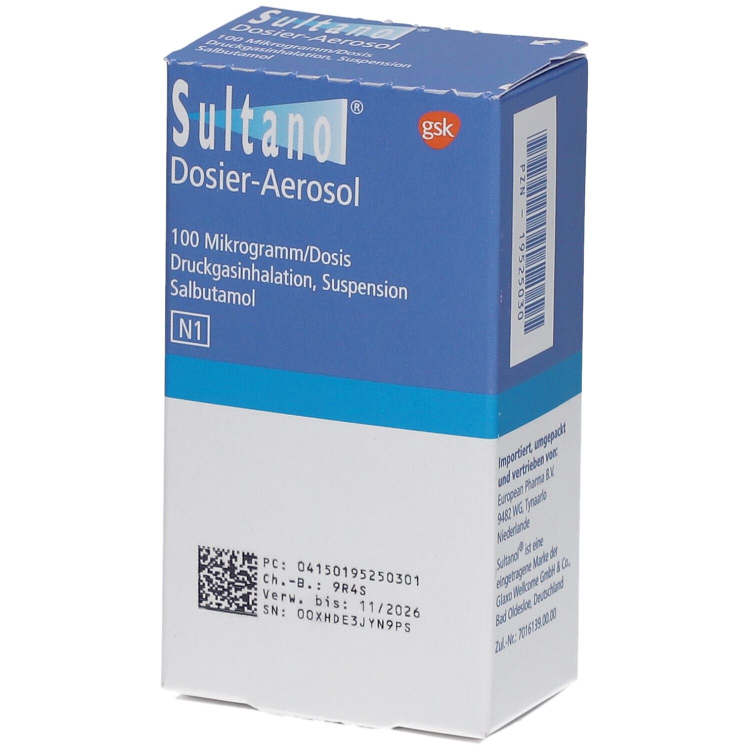 Blau-weiße Schachtel SULTANOL Dosier-Aerosol. Text: 100 Mikrogramm/Dosis, Druckgasinhalation, Suspension, Salbutamol. N1. Barcode und weitere Informationen.