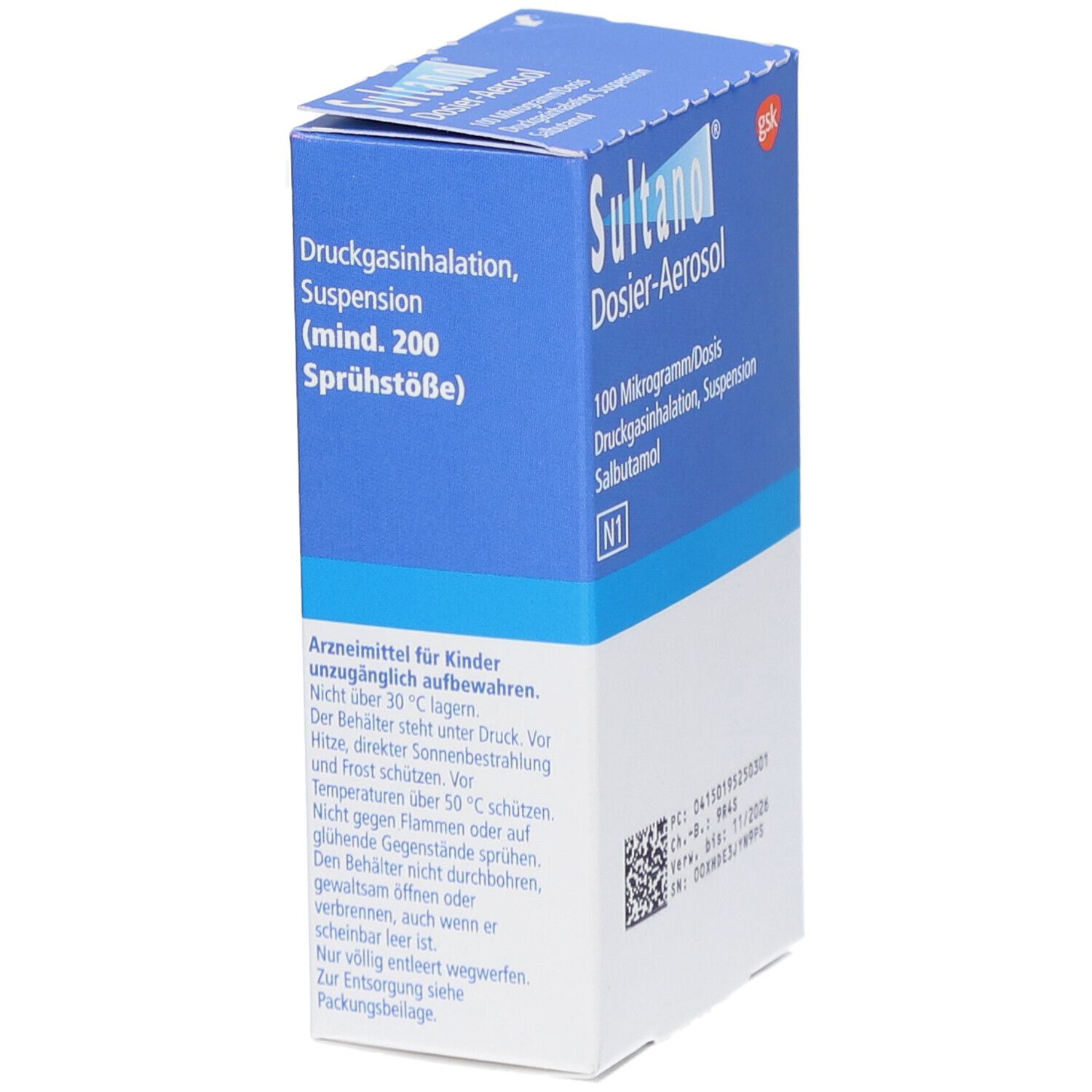 Blau-weiße Schachtel SULTANOL Dosier-Aerosol. Text: Druckgasinhalation, Suspension (mind. 200 Sprühstöße). Warnhinweis für Kinder.