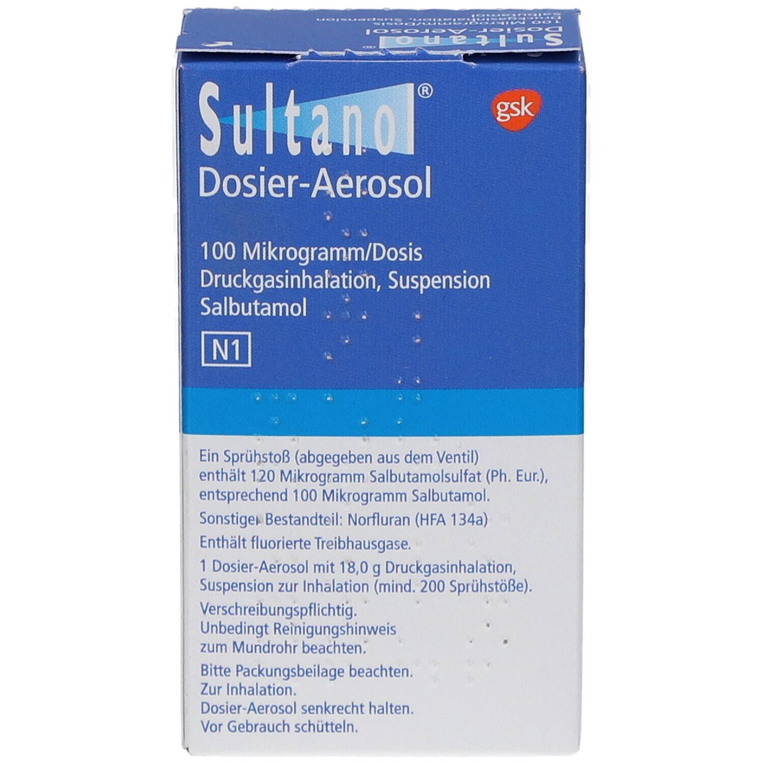 Blau-weiße Schachtel SULTANOL Dosier-Aerosol. Text: 100 Mikrogramm/Dosis, Druckgasinhalation, Suspension, Salbutamol. N1. Produktinformationen.