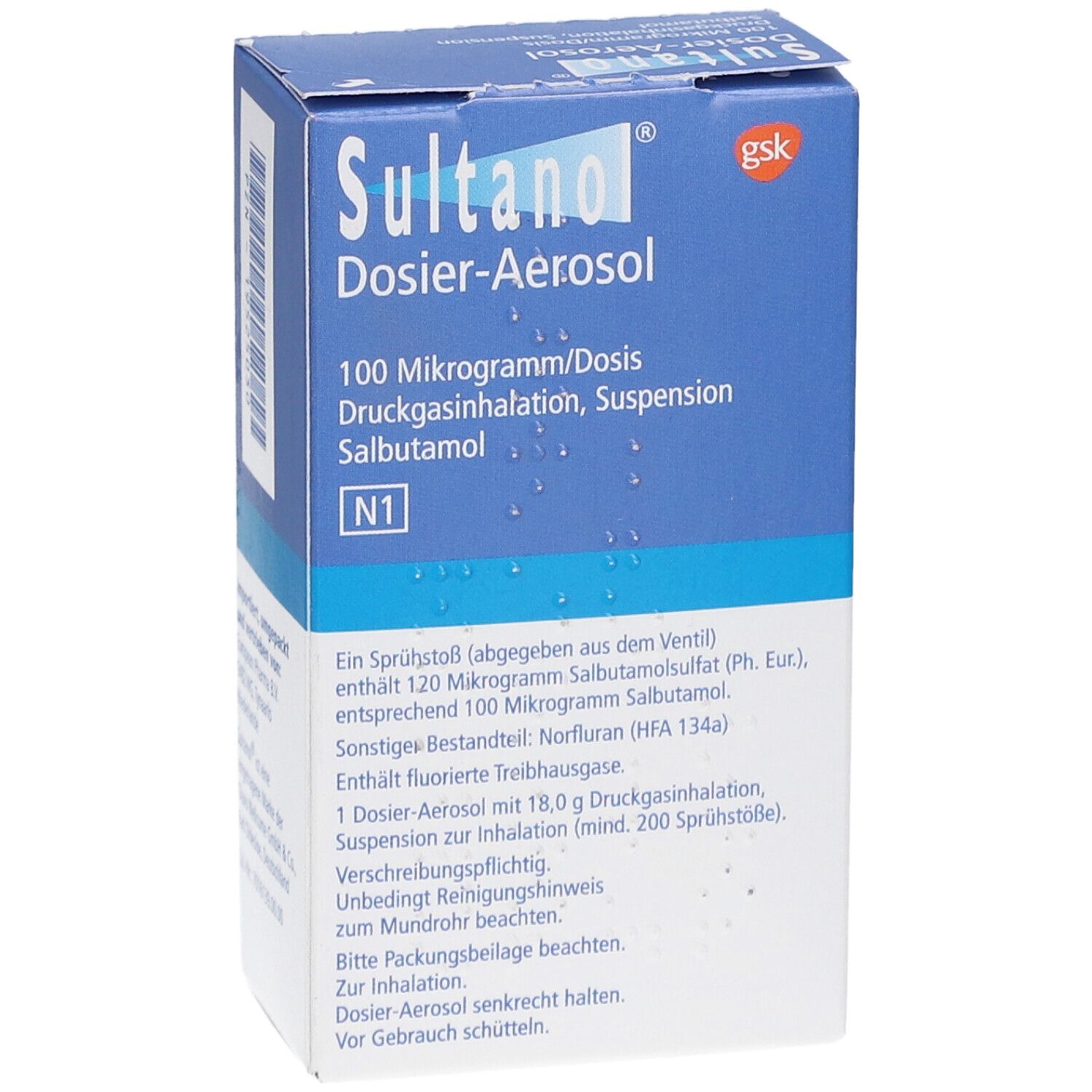 Blau-weiße Schachtel SULTANOL Dosier-Aerosol. Text: 100 Mikrogramm/Dosis, Druckgasinhalation, Suspension, Salbutamol. N1. Produktinformationen.