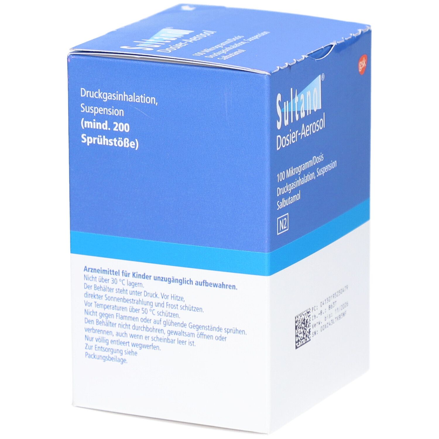 SULTANOL Dosier-Aerosol Box. Blaue und weiße Verpackung mit Produktnamen und Inhaltsangaben. Warnhinweise.