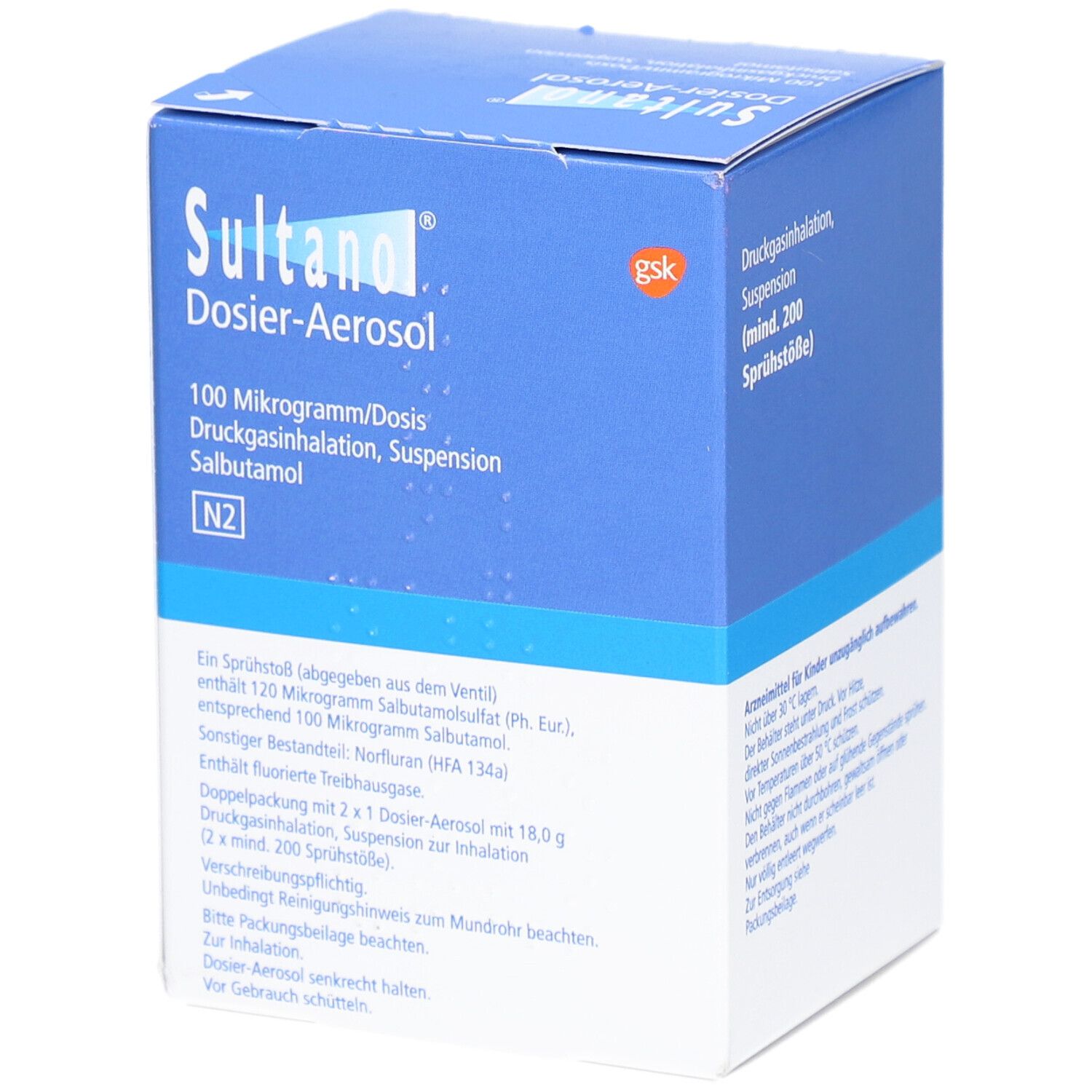 SULTANOL Dosier-Aerosol Box. Blaue und weiße Verpackung mit Produktnamen und Inhaltsangaben. Zusätzliche Informationen.