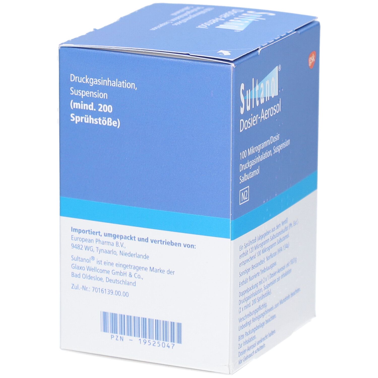 SULTANOL Dosier-Aerosol Box. Blaue und weiße Verpackung mit Produktnamen und Inhaltsangaben. Importeur-Informationen.