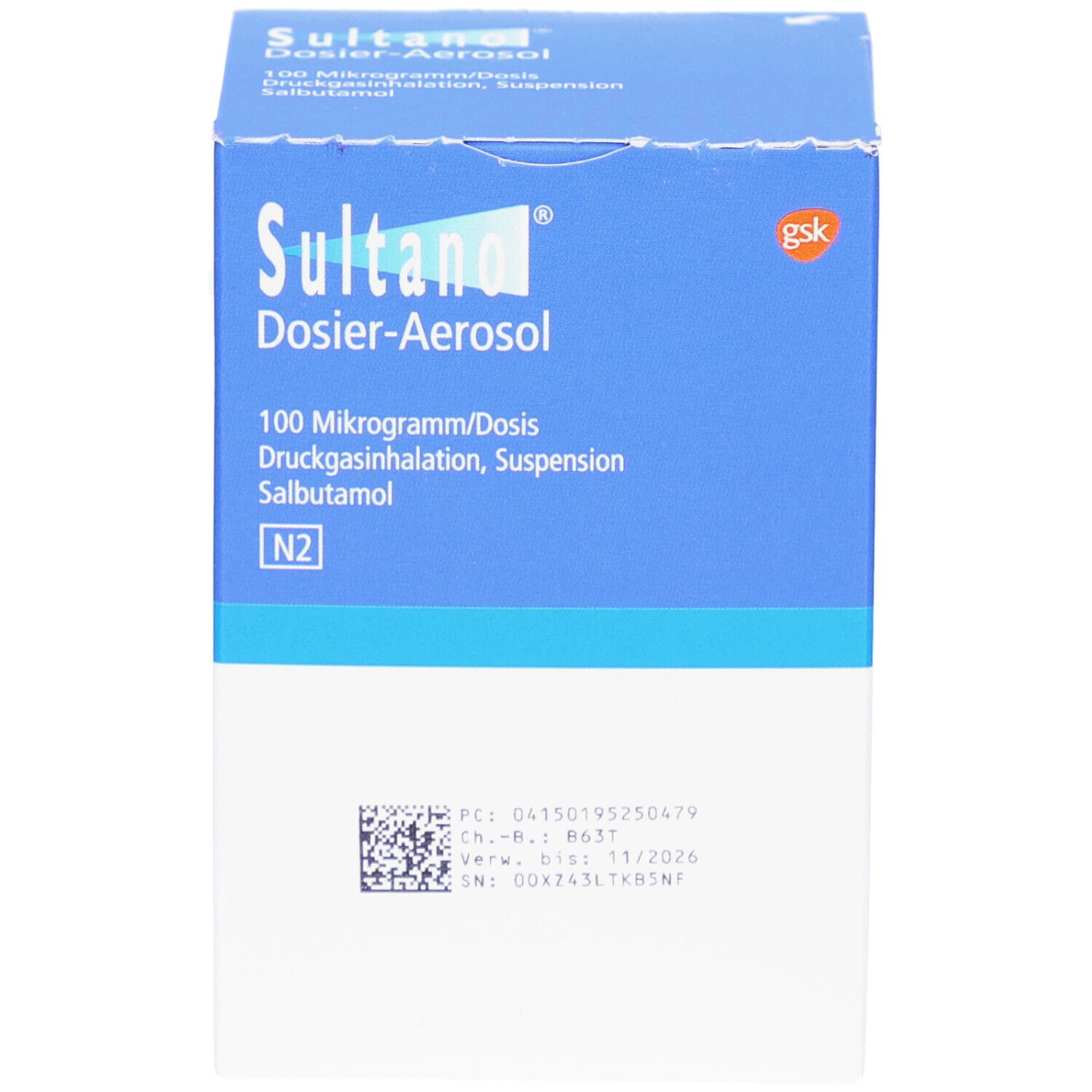 SULTANOL Dosier-Aerosol Box. Blaue und weiße Verpackung mit Produktnamen und Inhaltsangaben. QR-Code und Verfallsdatum.