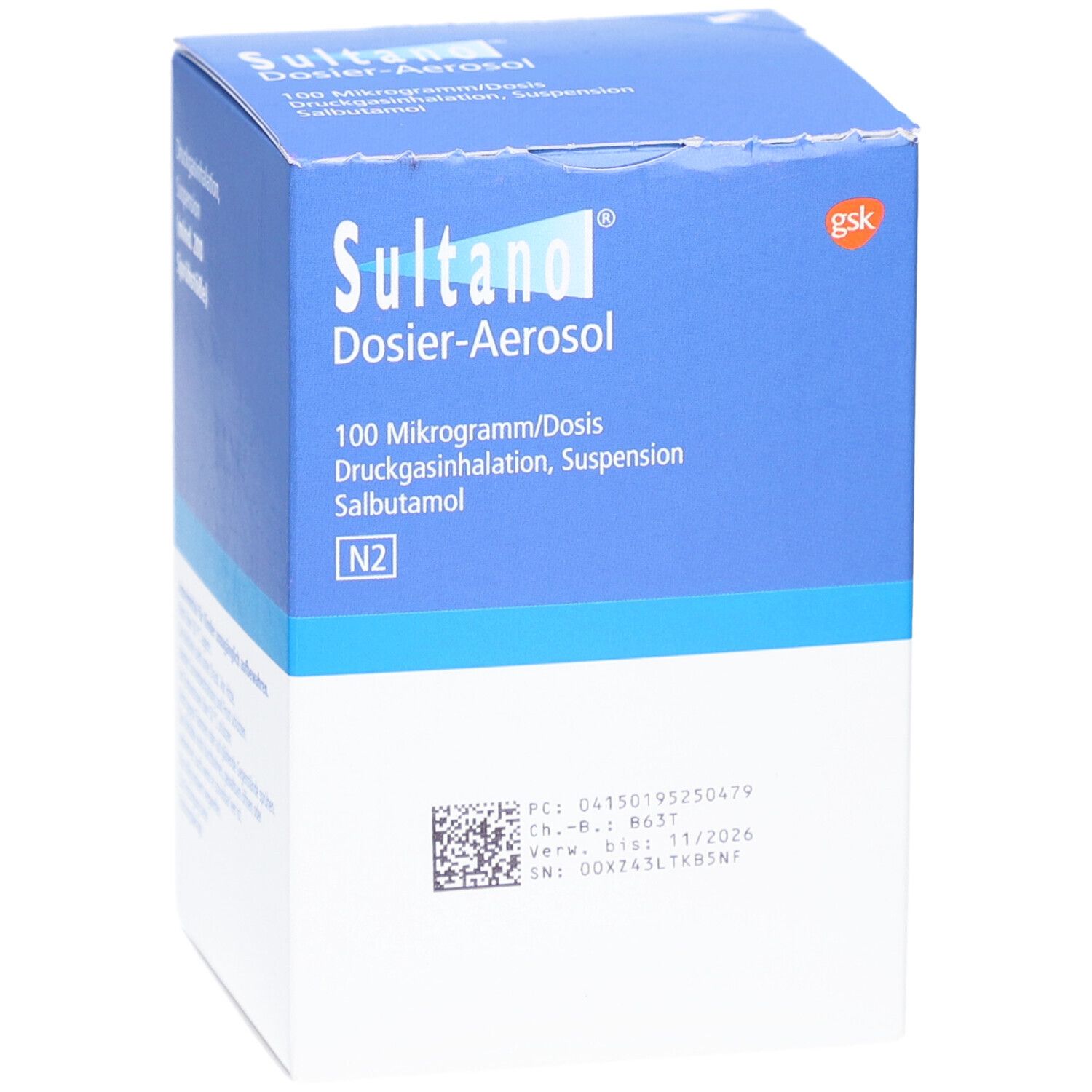 SULTANOL Dosier-Aerosol Box. Blaue und weiße Verpackung mit Produktnamen und Inhaltsangaben. QR-Code und Verfallsdatum.