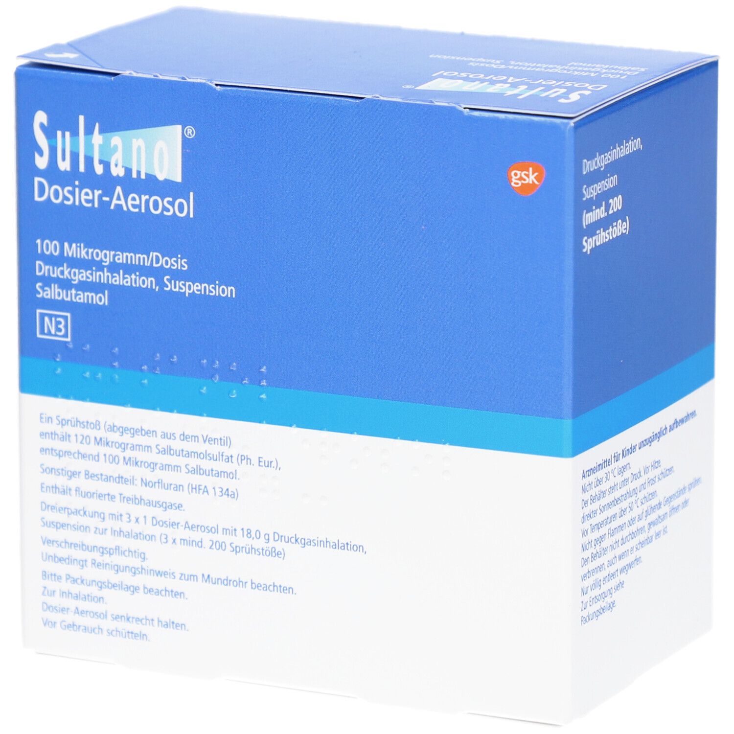 Blau-weiße Schachtel mit Produktinformationen. Aufschrift: Sultanol Dosier-Aerosol, 100 Mikrogramm/Dosis, Druckgasinhalation, Suspension, Salbutamol.