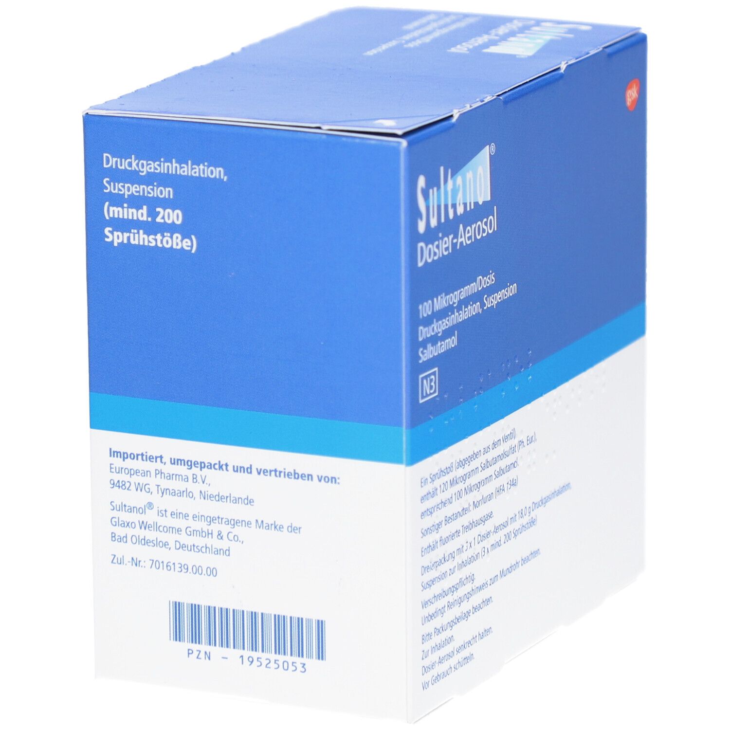 Blaue Schachtel mit Produktinformationen. Aufschrift: Sultanol Dosier-Aerosol, Druckgasinhalation, Suspension, (mind. 200 Sprühstöße).