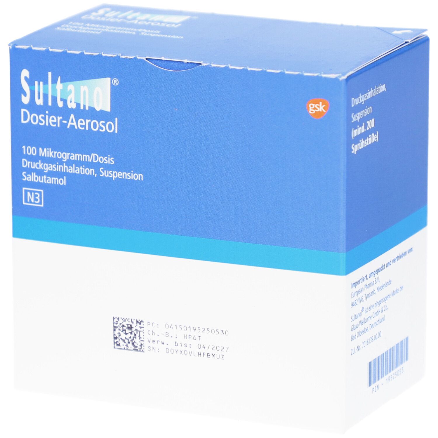 Blaue Schachtel mit Produktinformationen. Aufschrift: Sultanol Dosier-Aerosol, 100 Mikrogramm/Dosis, Druckgasinhalation, Suspension, Salbutamol.