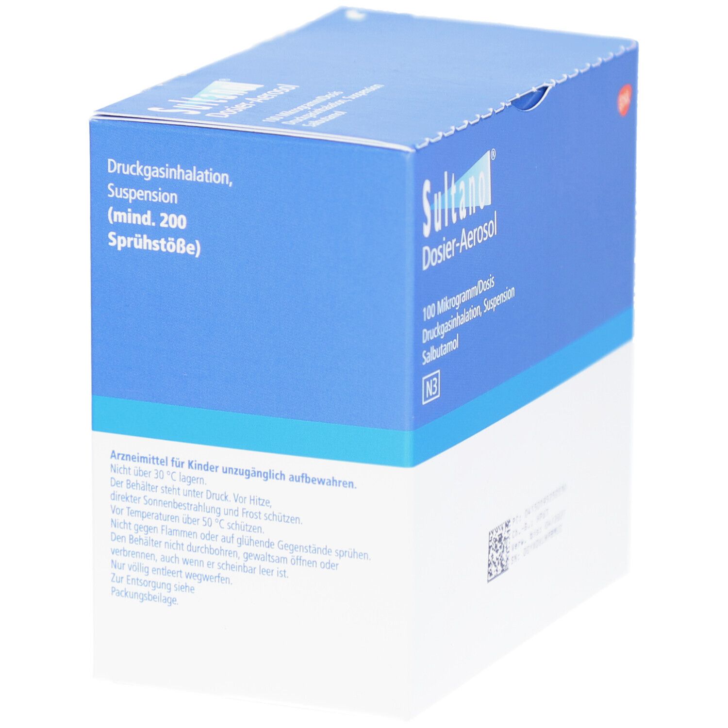 Blaue Schachtel mit Produktinformationen. Aufschrift: Sultanol Dosier-Aerosol, Druckgasinhalation, Suspension, (mind. 200 Sprühstöße).