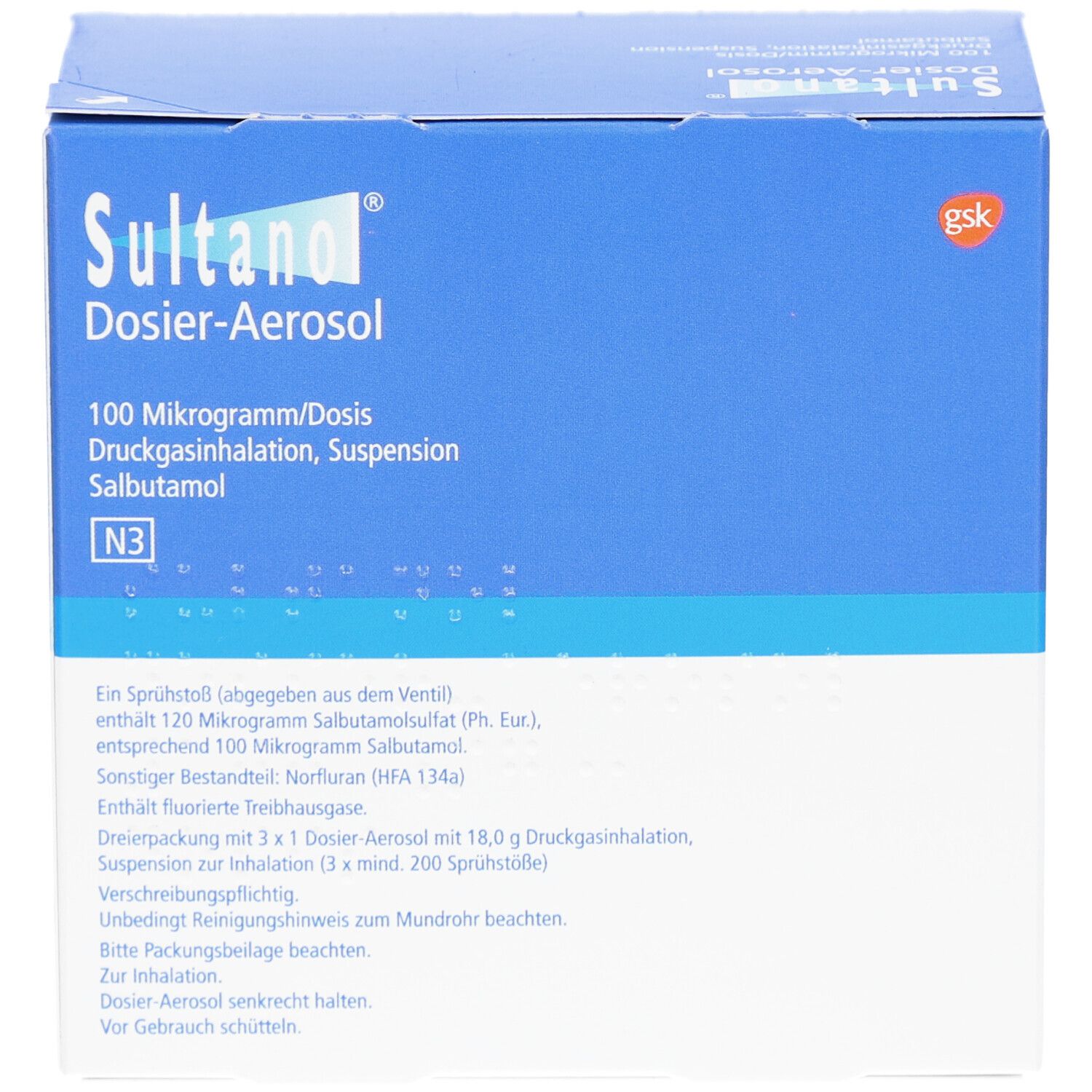 Blaue Schachtel mit Produktinformationen. Aufschrift: Sultanol Dosier-Aerosol, 100 Mikrogramm/Dosis, Druckgasinhalation, Suspension, Salbutamol.