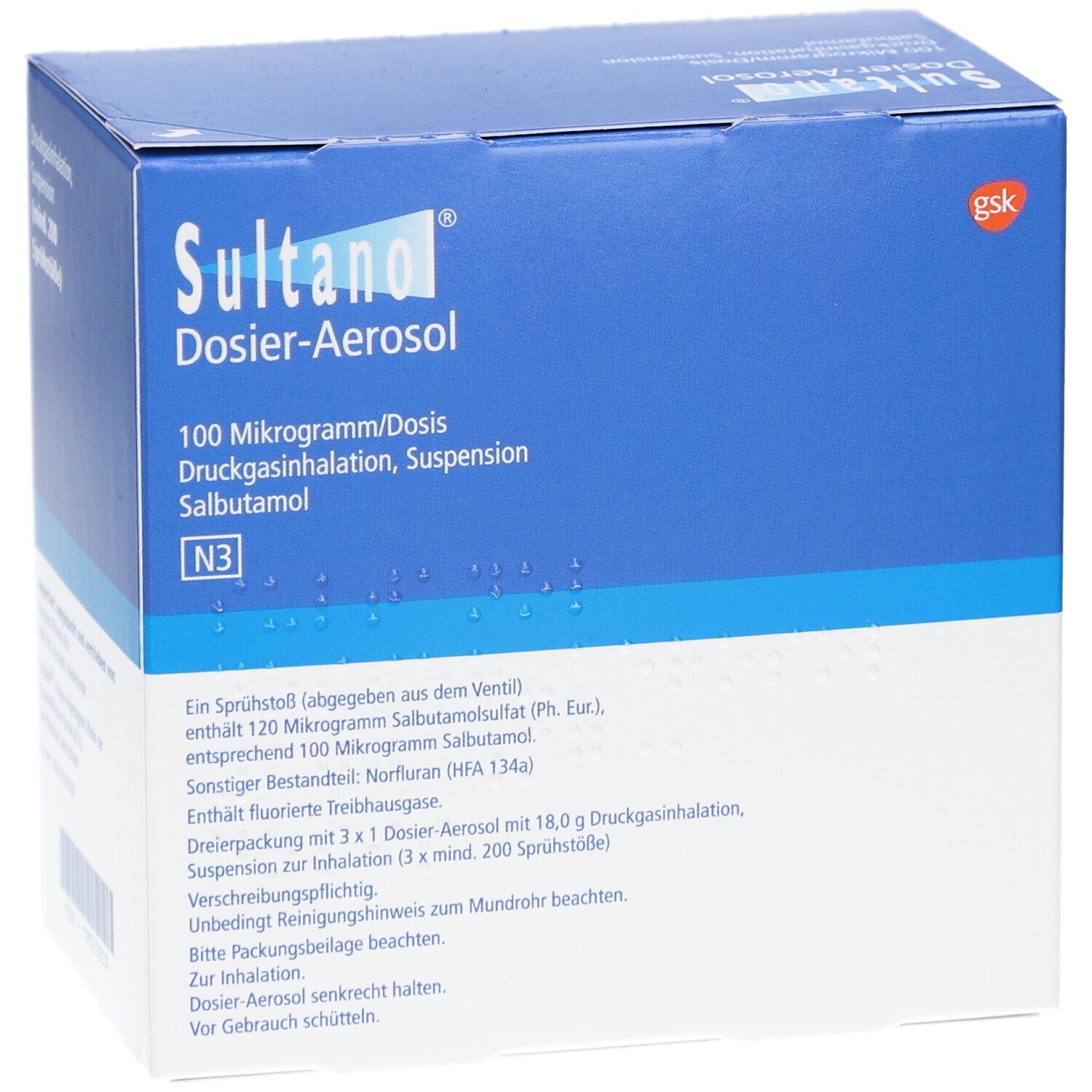 Blaue Schachtel mit Produktinformationen. Aufschrift: Sultanol Dosier-Aerosol, 100 Mikrogramm/Dosis, Druckgasinhalation, Suspension, Salbutamol.