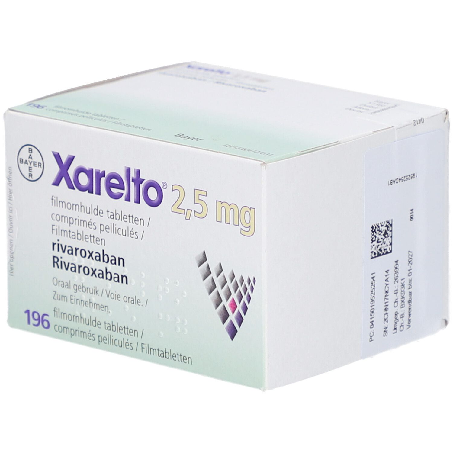 Schachtel mit Xarelto 2,5 mg Filmtabletten. Aufschrift: Bayer, Rivaroxaban, 196 Filmtabletten. Weiße Verpackung.