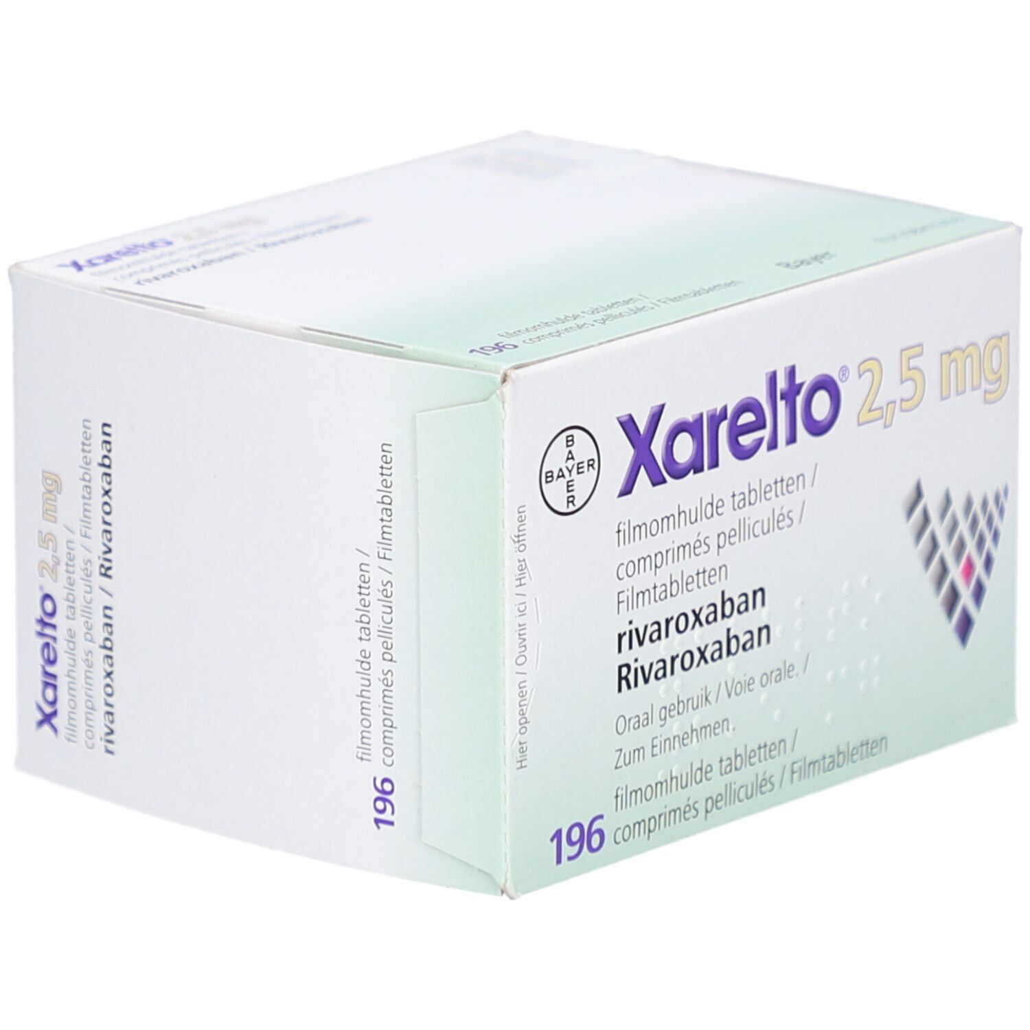 Schachtel mit Xarelto 2,5 mg Filmtabletten. Aufschrift: Bayer, Rivaroxaban, 196 Filmtabletten. Weiße Verpackung.