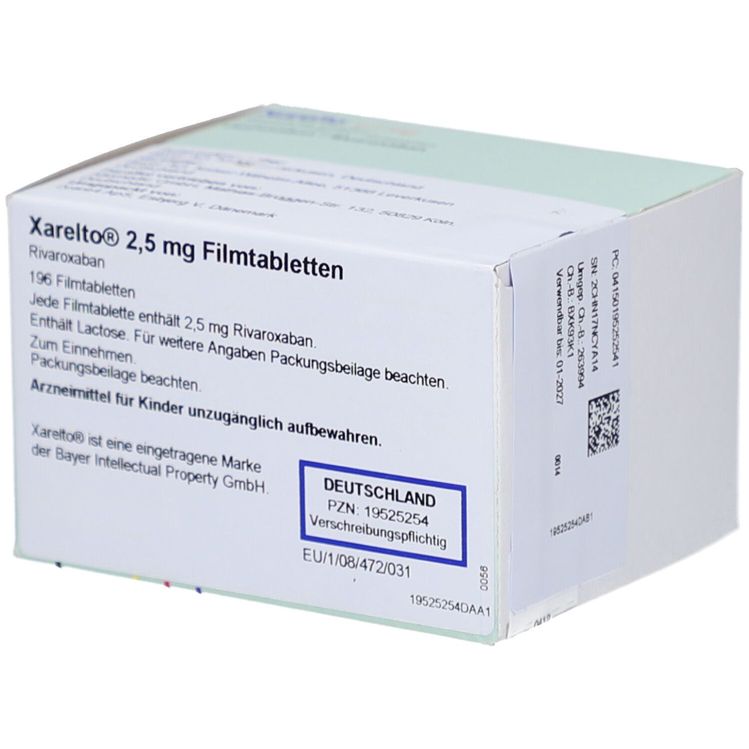 Schachtel mit Xarelto 2,5 mg Filmtabletten. Aufschrift: Bayer, Rivaroxaban, 196 Filmtabletten. Weiße Verpackung.
