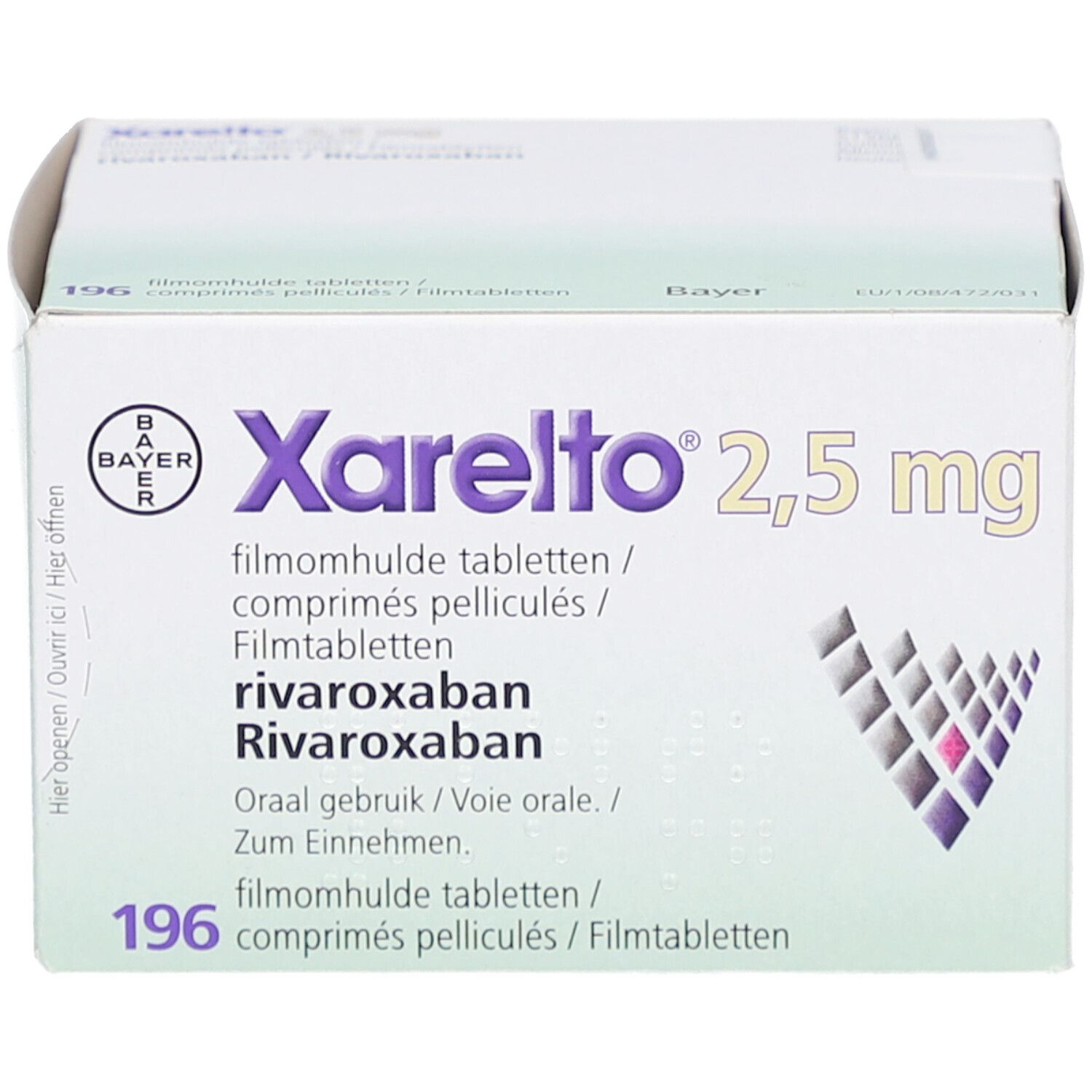 Schachtel mit Xarelto 2,5 mg Filmtabletten. Aufschrift: Bayer, Rivaroxaban, 196 Filmtabletten. Weiße Verpackung.