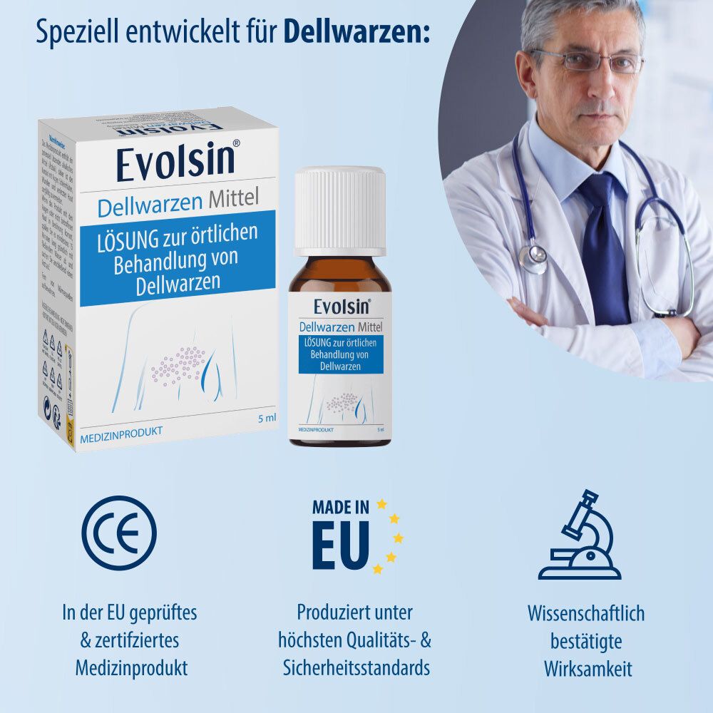 Arzt mit Produkt und Verpackung. Aufschrift: Evolsin Dellwarzen Mittel. Medizinprodukt. CE-Zeichen, Made in EU.
