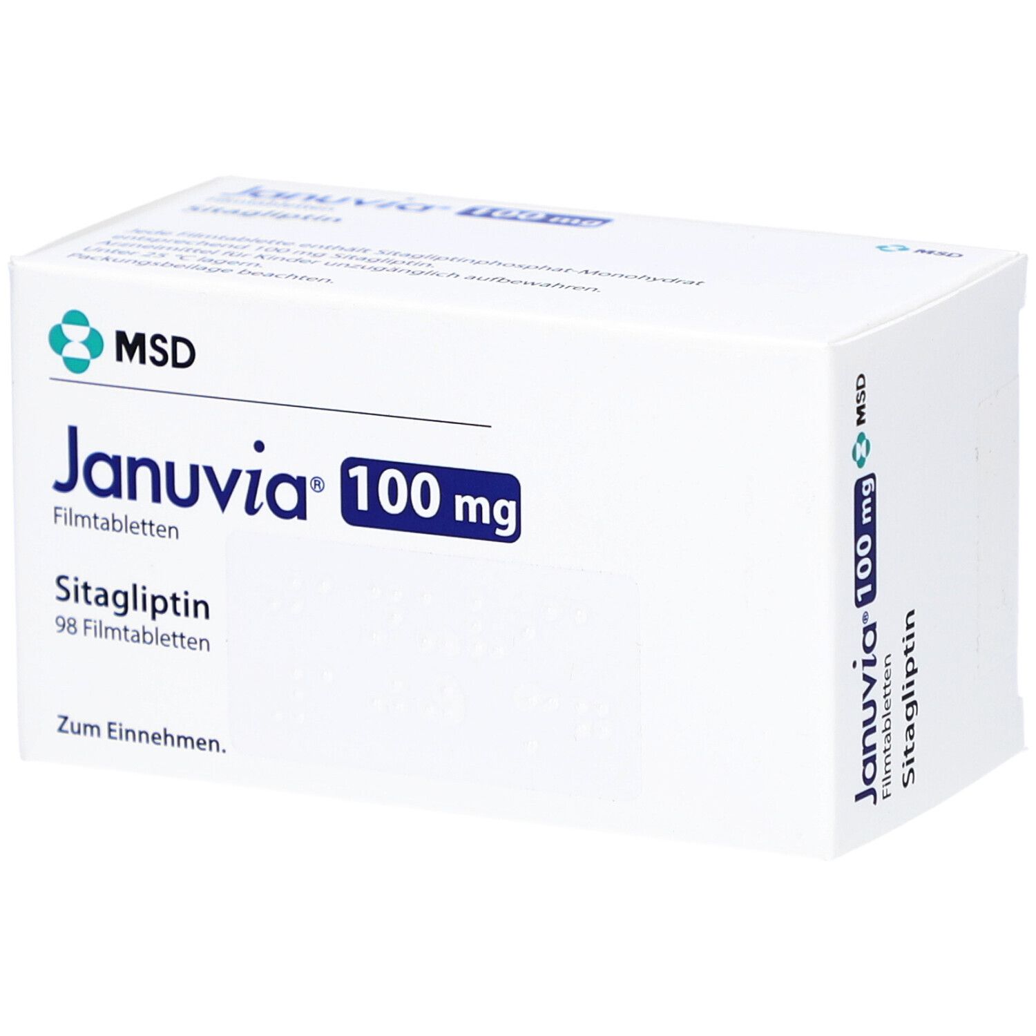Weiße Schachtel mit JANUVIA 100 mg Filmtabletten. Aufschrift: MSD, Januvia, 100 mg, Sitagliptin, 98 Filmtabletten. Zum Einnehmen.