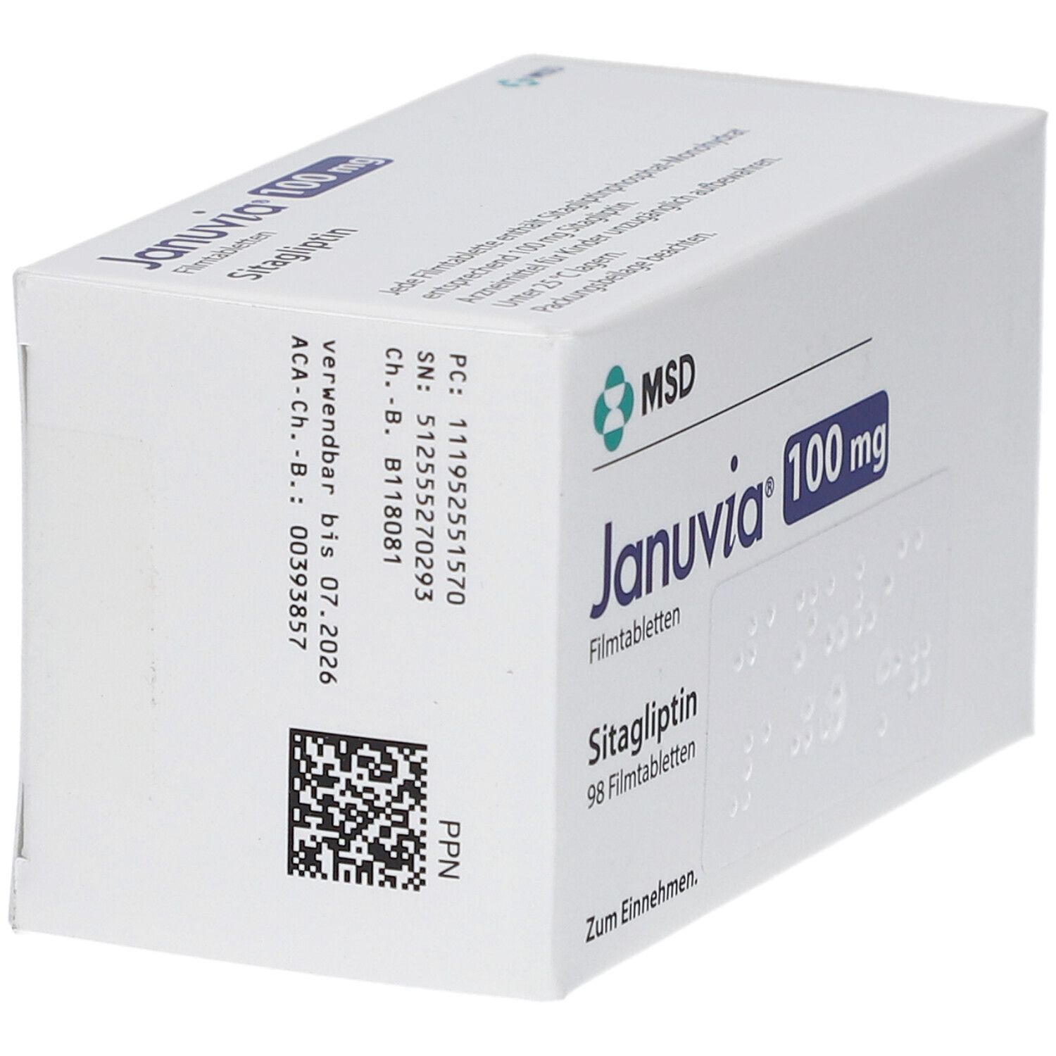 Weiße Schachtel JANUVIA 100 mg. Aufschrift: MSD, Januvia, 100 mg, Sitagliptin, 98 Filmtabletten. Mit QR-Code und weiteren Angaben.