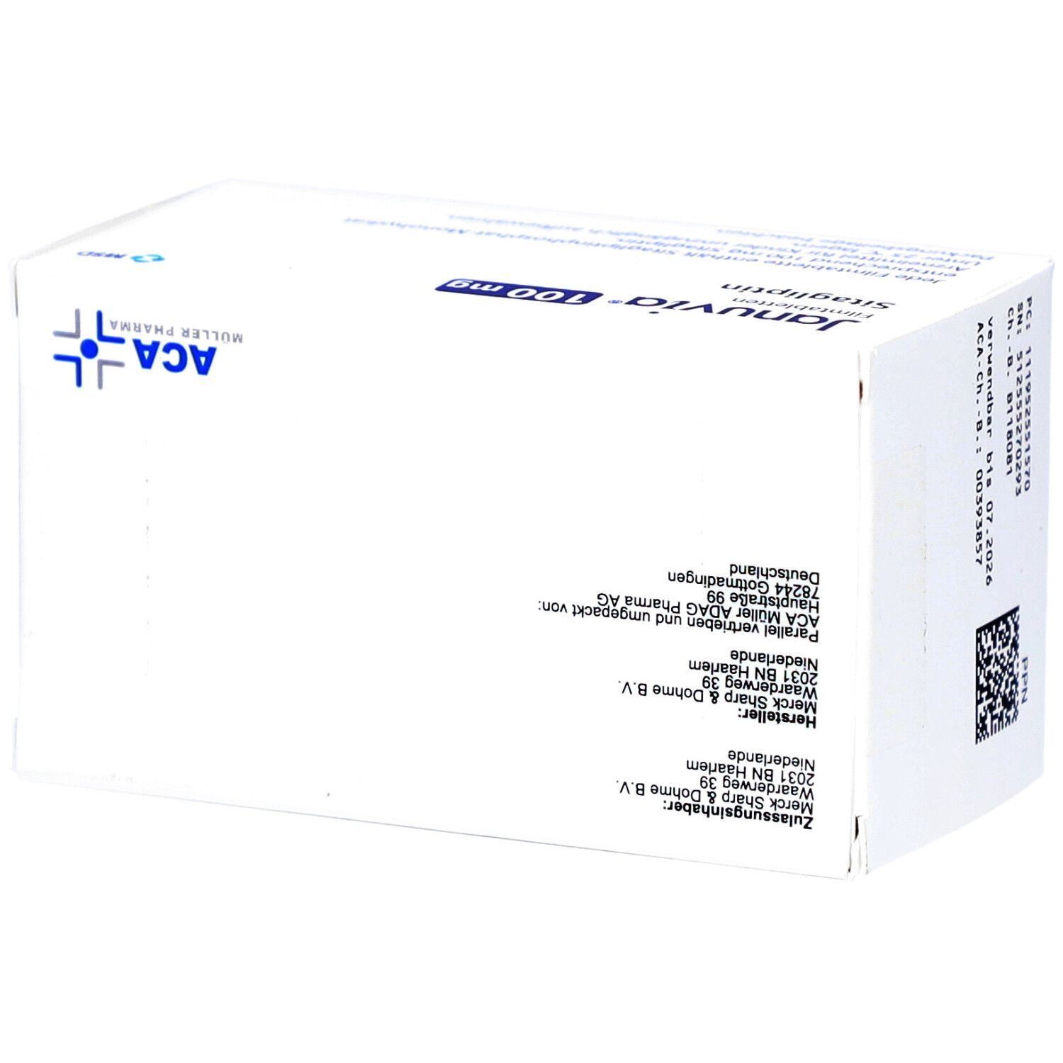 Rückseite einer weißen JANUVIA 100 mg Schachtel. Aufschrift: ACA, Herstellerangaben, Chargennummer, weitere Informationen und QR-Code.