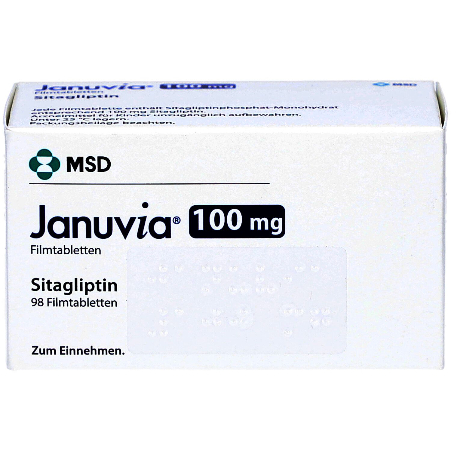 Weiße Schachtel JANUVIA 100 mg. Aufschrift: MSD, Januvia, 100 mg, Sitagliptin, 98 Filmtabletten. Zum Einnehmen. Braille-Schrift.