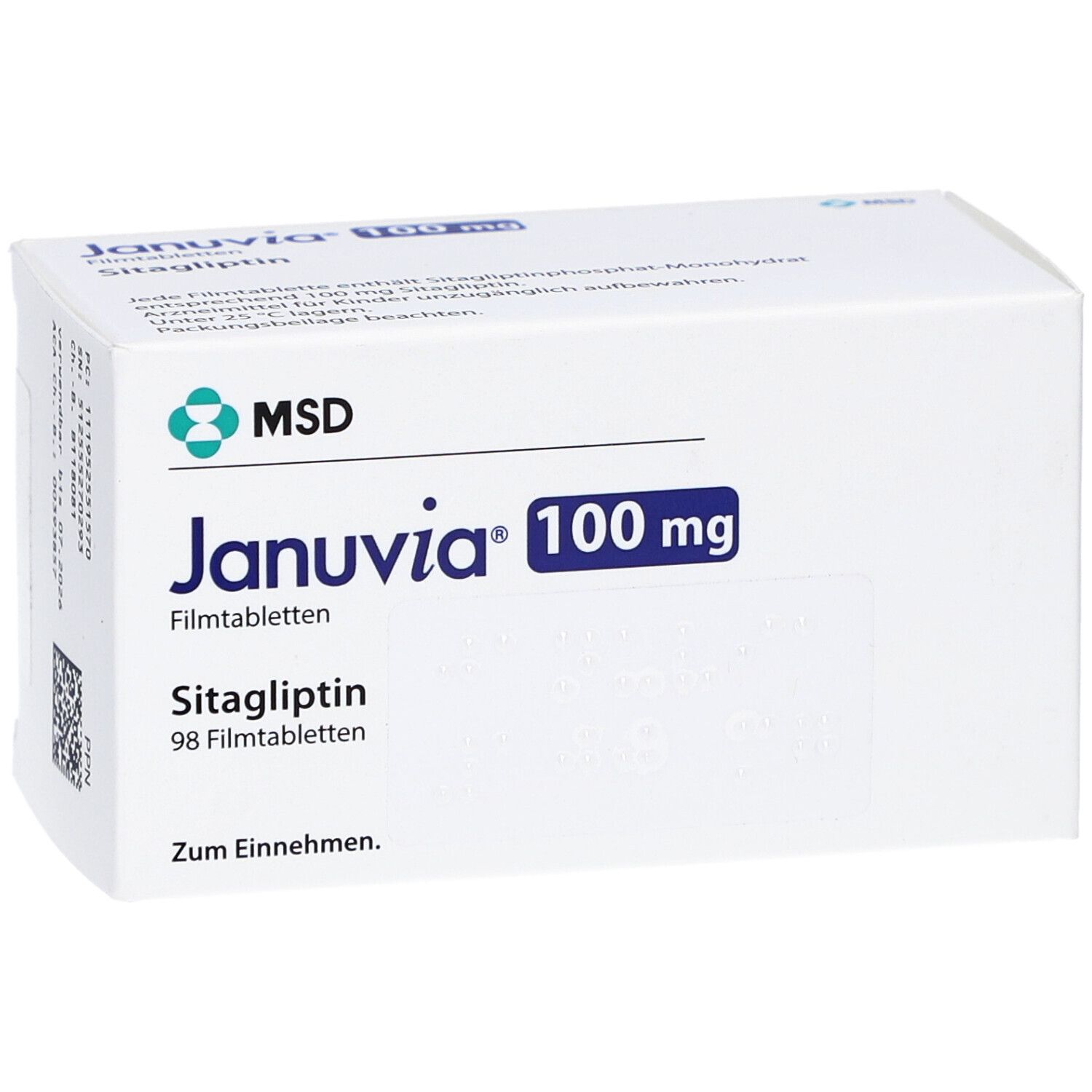 Weiße Schachtel JANUVIA 100 mg. Aufschrift: MSD, Januvia, 100 mg, Sitagliptin, 98 Filmtabletten. Zum Einnehmen. Braille-Schrift.