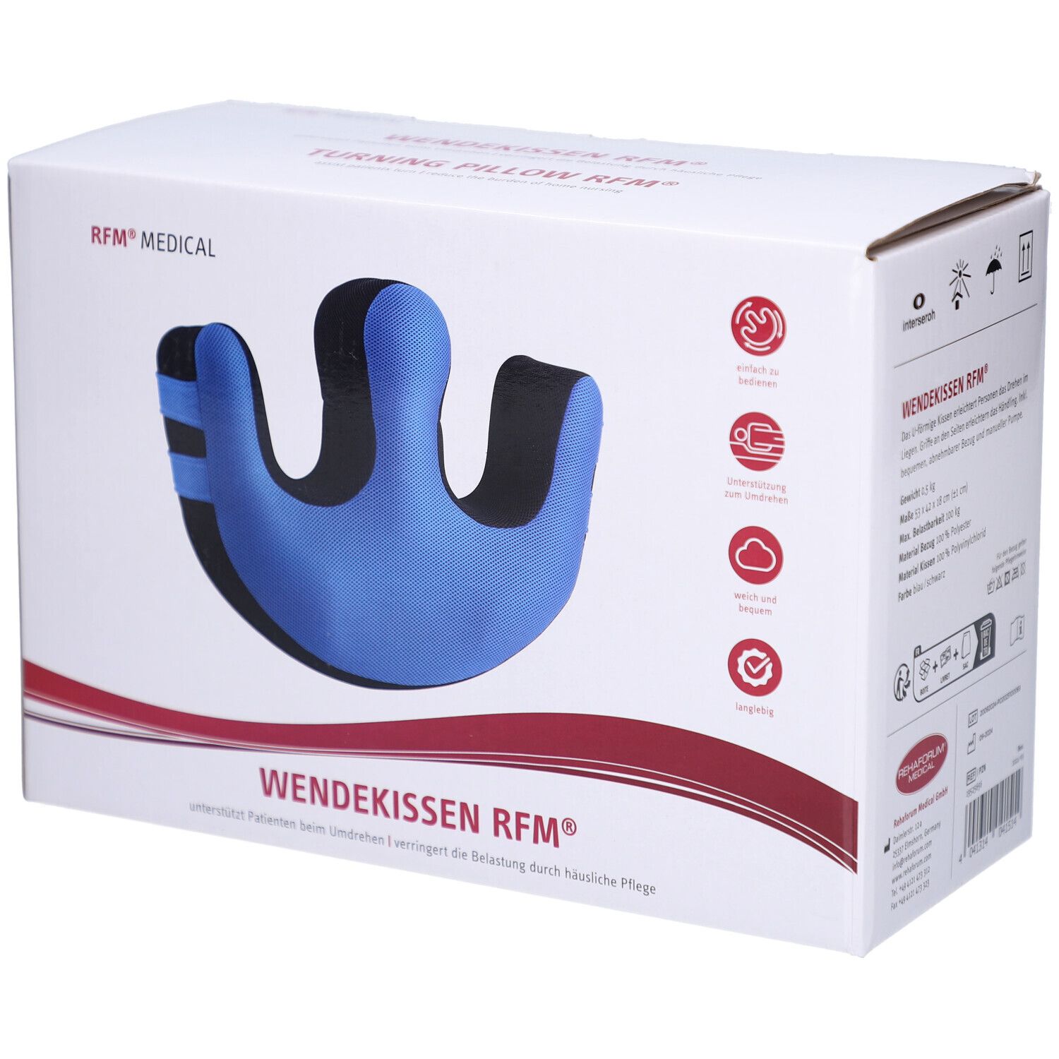 Blau-schwarzes Wendekissen in Verpackung. Aufschrift: WENDKISSEN RFM®. RFM® MEDICAL. U-förmig.