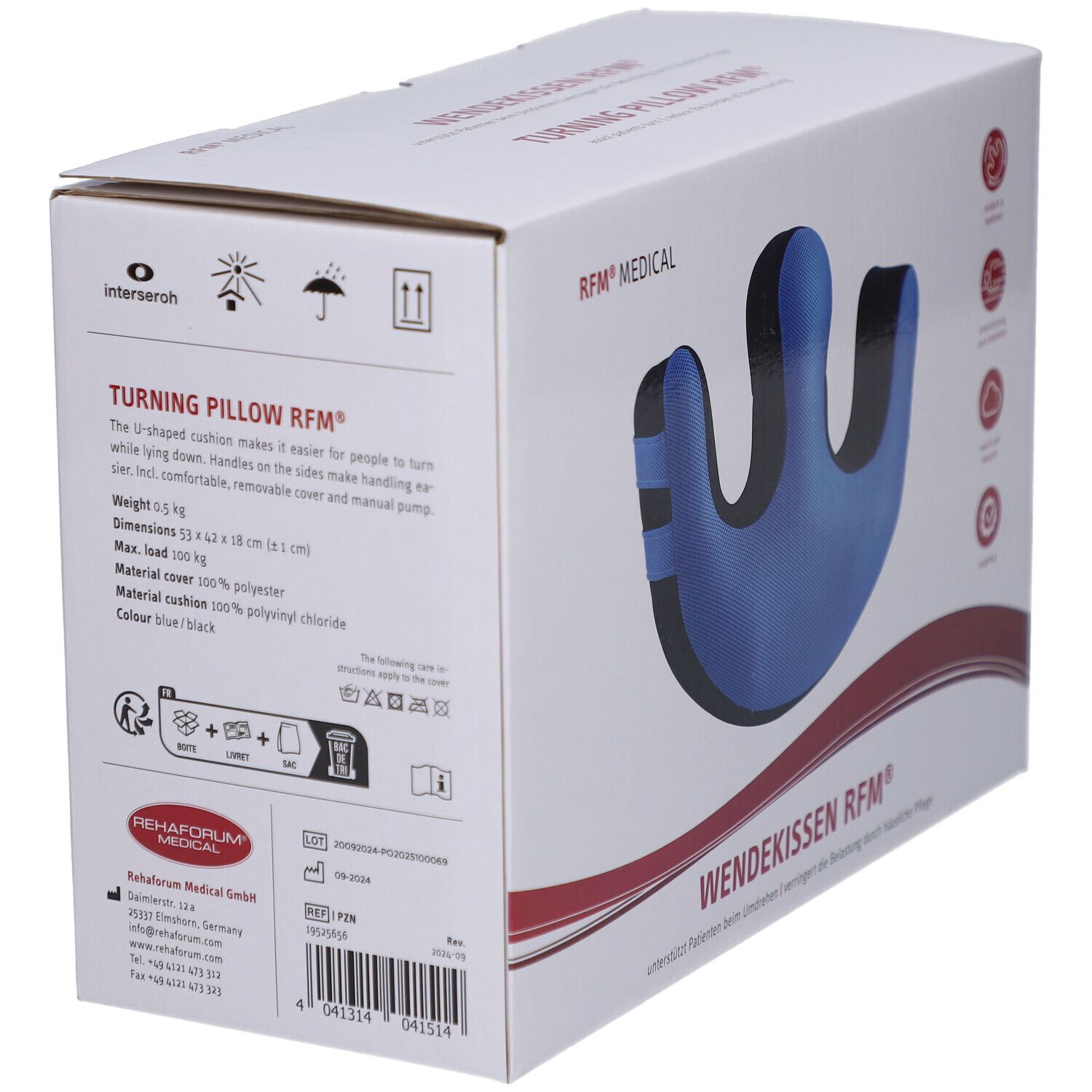 Verpackung mit blau-schwarzem Wendekissen. Aufschrift: TURNING PILLOW RFM®. RFM® MEDICAL. U-förmig.