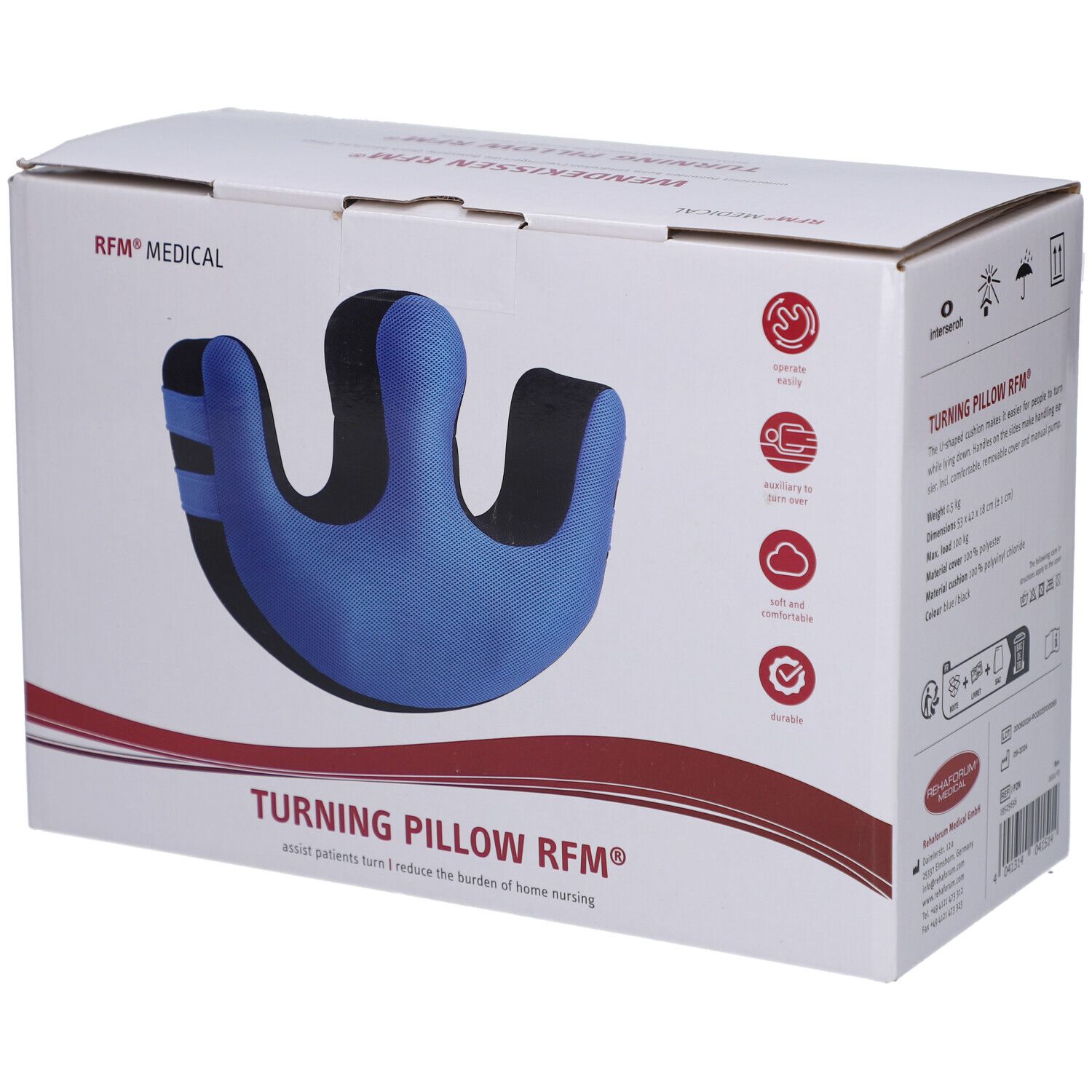 Verpackung mit blau-schwarzem Wendekissen. Aufschrift: TURNING PILLOW RFM®. RFM® MEDICAL. U-förmig.