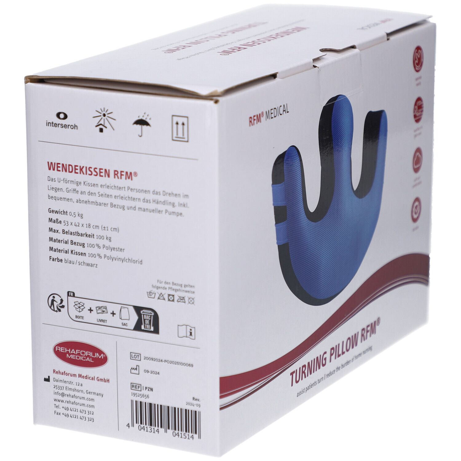 Verpackung mit blau-schwarzem Wendekissen. Aufschrift: WENDEKISSEN RFM®. RFM® MEDICAL. U-förmig.