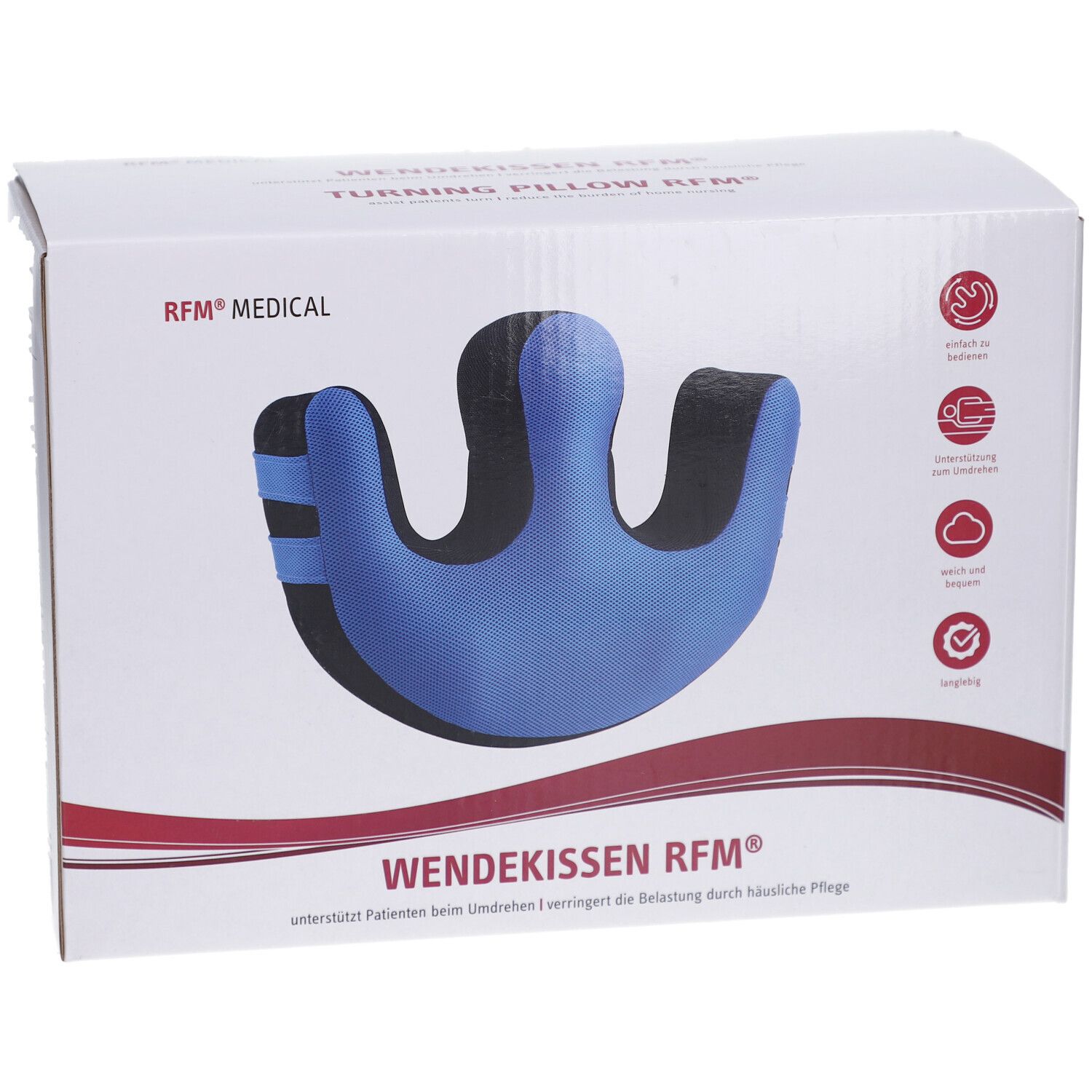 Verpackung mit blau-schwarzem Wendekissen. Aufschrift: WENDEKISSEN RFM®. RFM® MEDICAL. U-förmig.