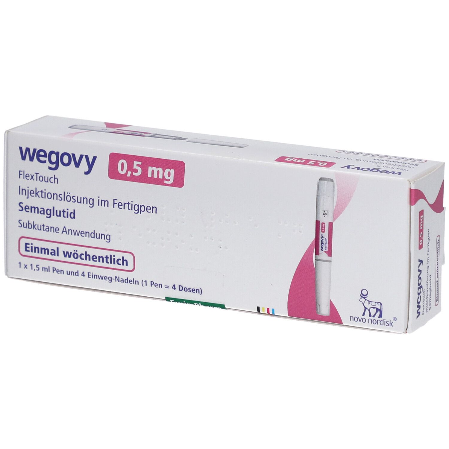 Verpackung von WEGOVY 0,5 mg FlexTouch Injektionslsg.Fertigpen. Enthält einen Fertigpen und Nadeln. Rosa und weiße Farbgebung.