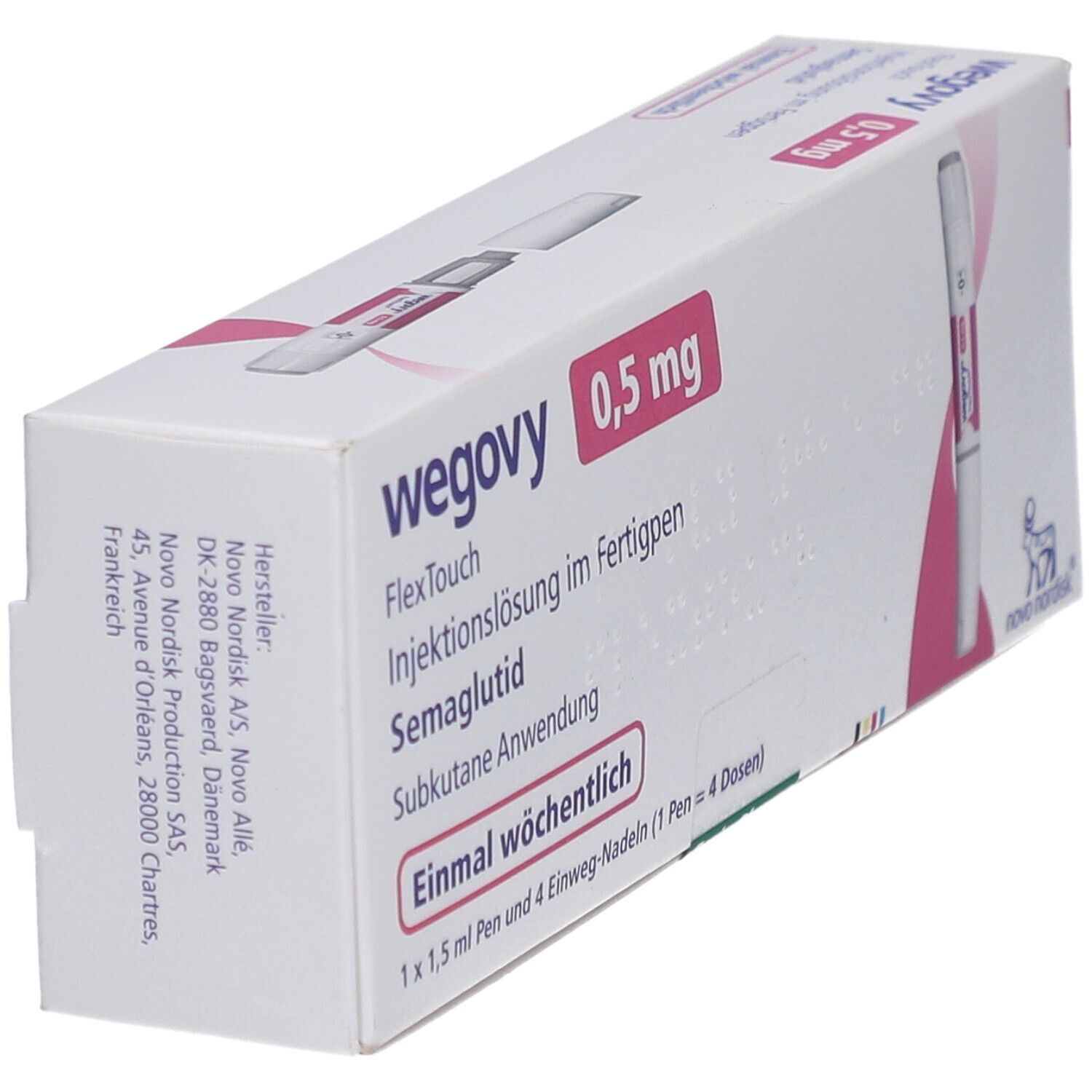 Schräg gestellte Verpackung von WEGOVY 0,5 mg FlexTouch Injektionslsg.Fertigpen. Weiß mit rosa Akzenten. Enthält einen Pen.