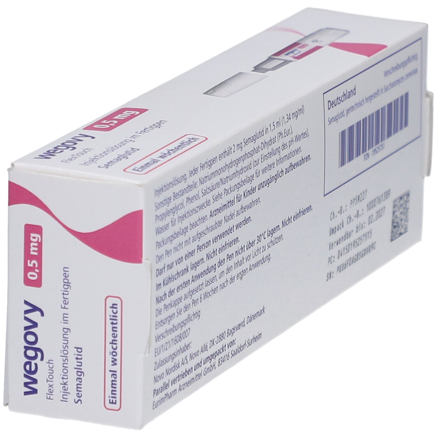 Schräg gestellte Verpackung von WEGOVY 0,5 mg FlexTouch Injektionslsg.Fertigpen. Text und Barcode auf der Rückseite.