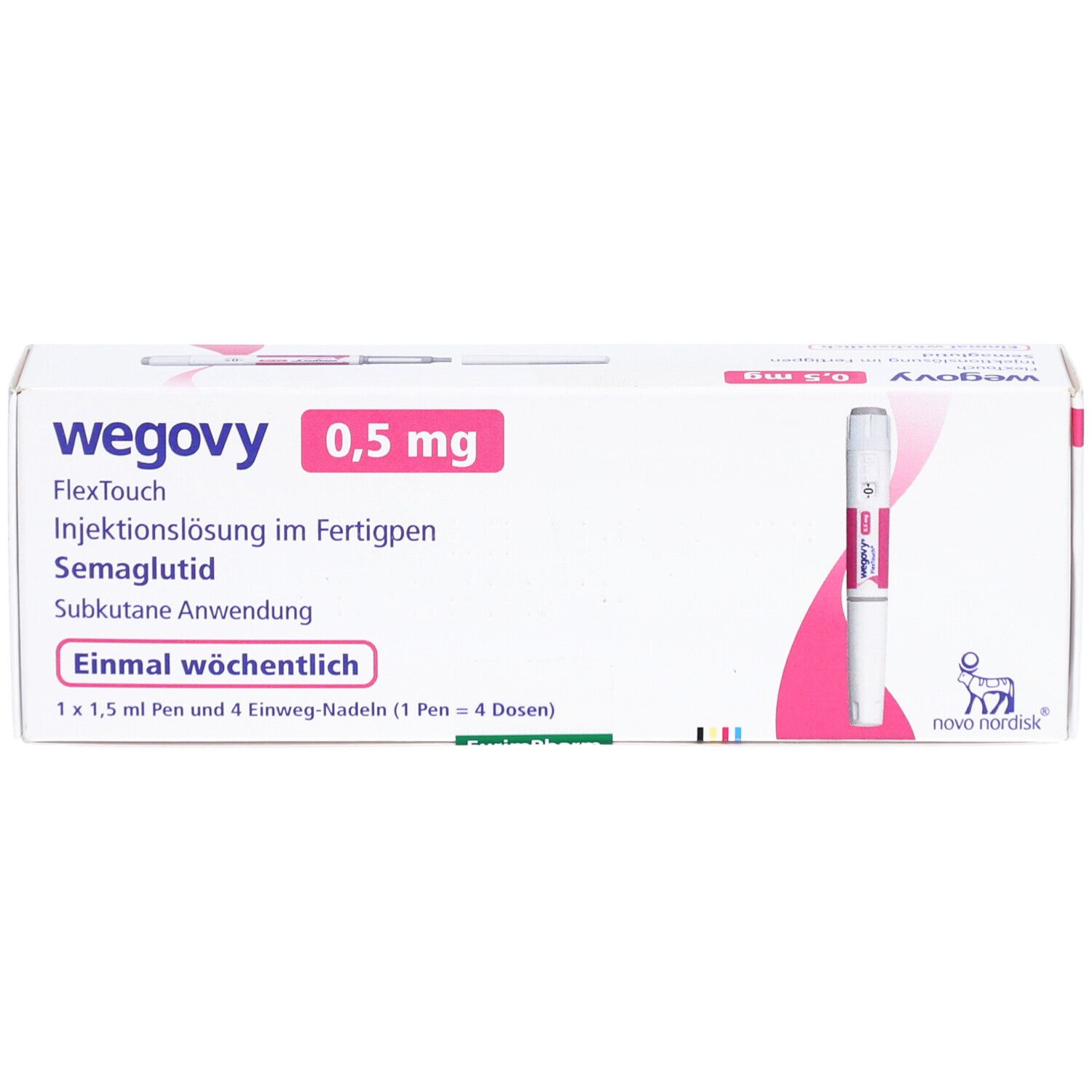 Verpackung von WEGOVY 0,5 mg FlexTouch Injektionslsg.Fertigpen. Enthält einen Pen und Nadeln. Rosa und weiße Farbgebung.