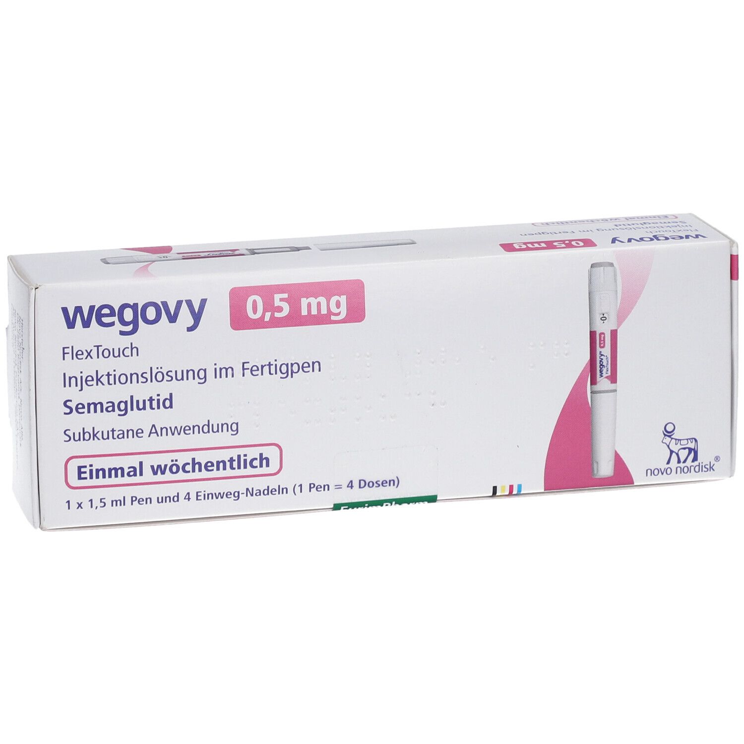 Verpackung von WEGOVY 0,5 mg FlexTouch Injektionslsg.Fertigpen. Enthält einen Pen und Nadeln. Rosa und weiße Farbgebung.