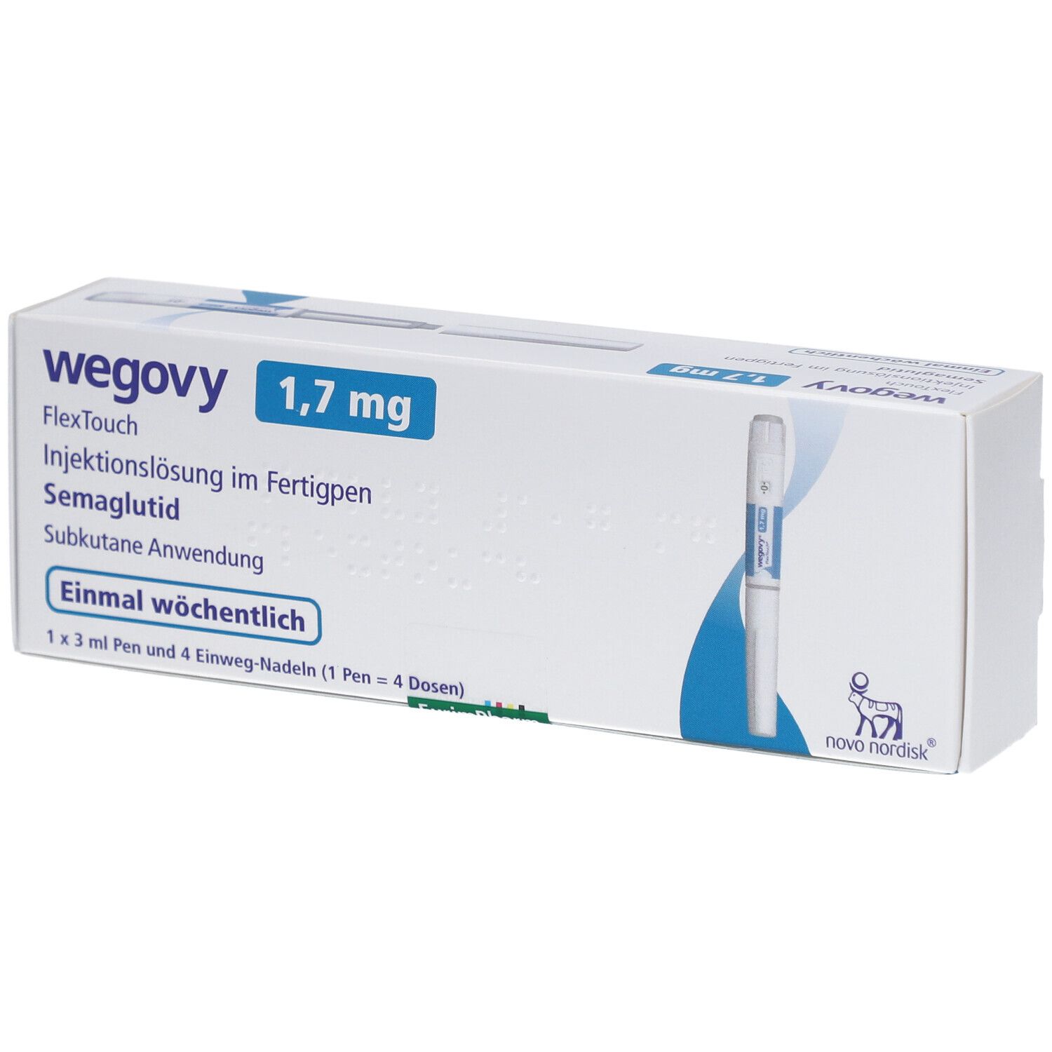 Verpackung von WEGOVY 1,7 mg FlexTouch Injektionslsg.Fertigpen. Enthält einen Fertigpen und Nadeln. Blaue und weiße Farbgebung.