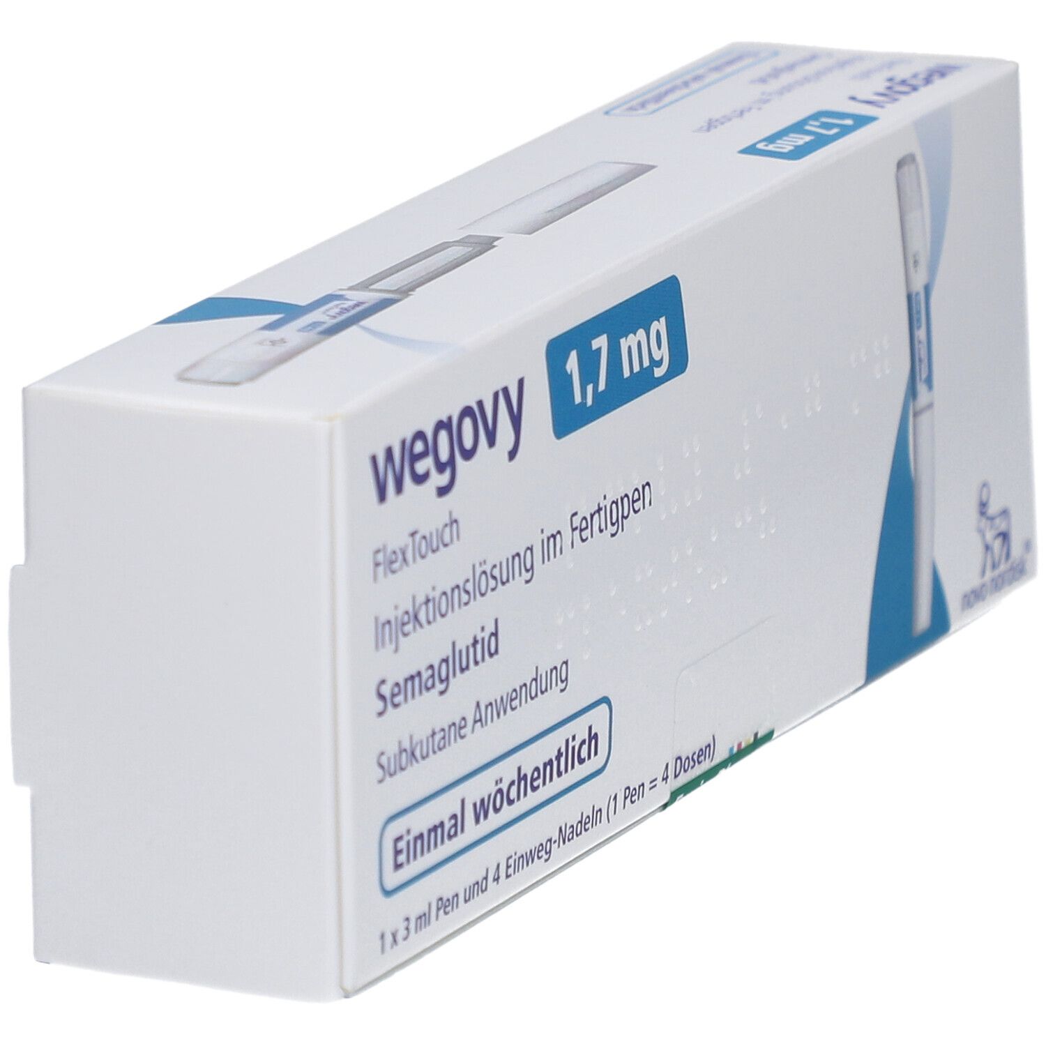 Schrägansicht der WEGOVY 1,7 mg FlexTouch Verpackung. Weiß mit blauen Akzenten. Produktname und Dosierung deutlich sichtbar.