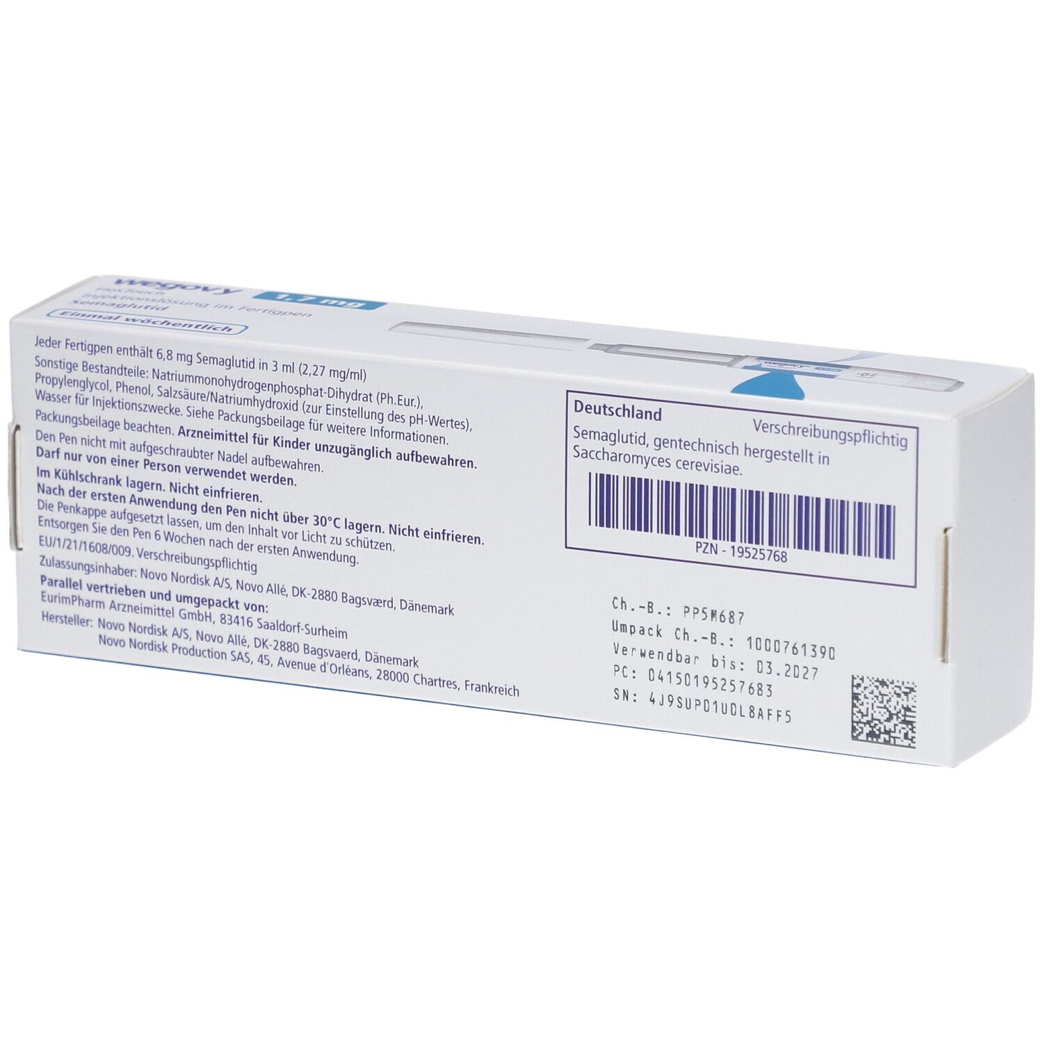 Rückseite der WEGOVY 1,7 mg FlexTouch Verpackung. Enthält Informationen wie Chargennummer, Verfallsdatum und Hersteller.