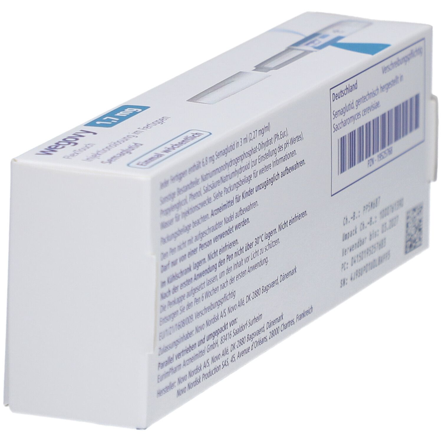 Schrägansicht der Rückseite der WEGOVY 1,7 mg FlexTouch Verpackung. Enthält Informationen und QR-Code.