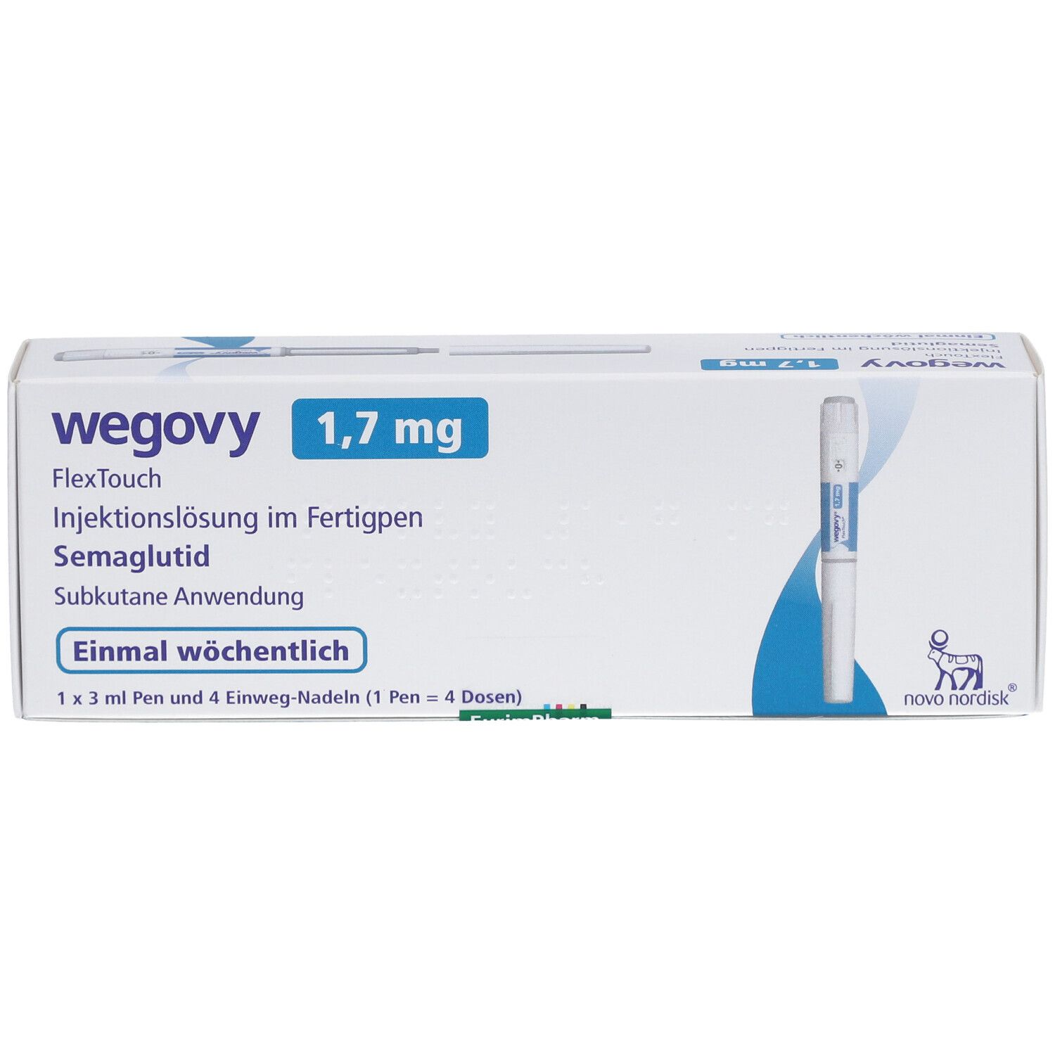 WEGOVY 1,7 mg FlexTouch Verpackung. Vorderansicht. Enthält einen Fertigpen und Nadeln. Blau-weißes Design.