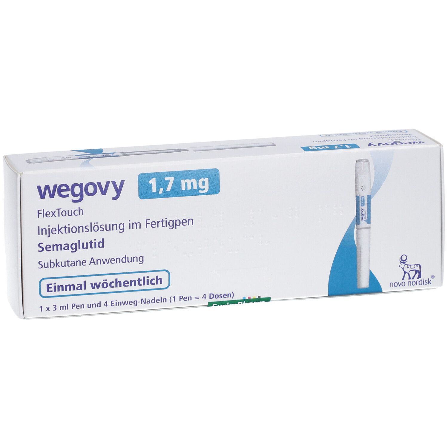 WEGOVY 1,7 mg FlexTouch Verpackung. Vorderansicht. Enthält einen Fertigpen und Nadeln. Blau-weißes Design.