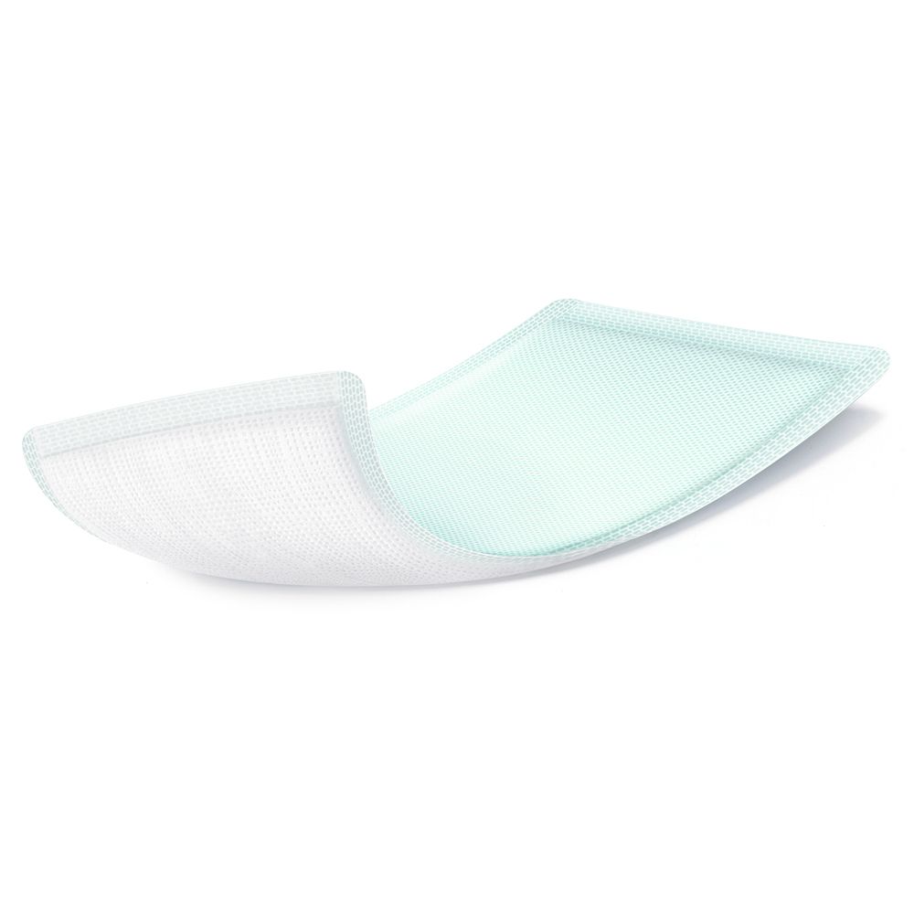 Sterile Wundauflage mit Superabsorberkern, weiß und hellgrün.