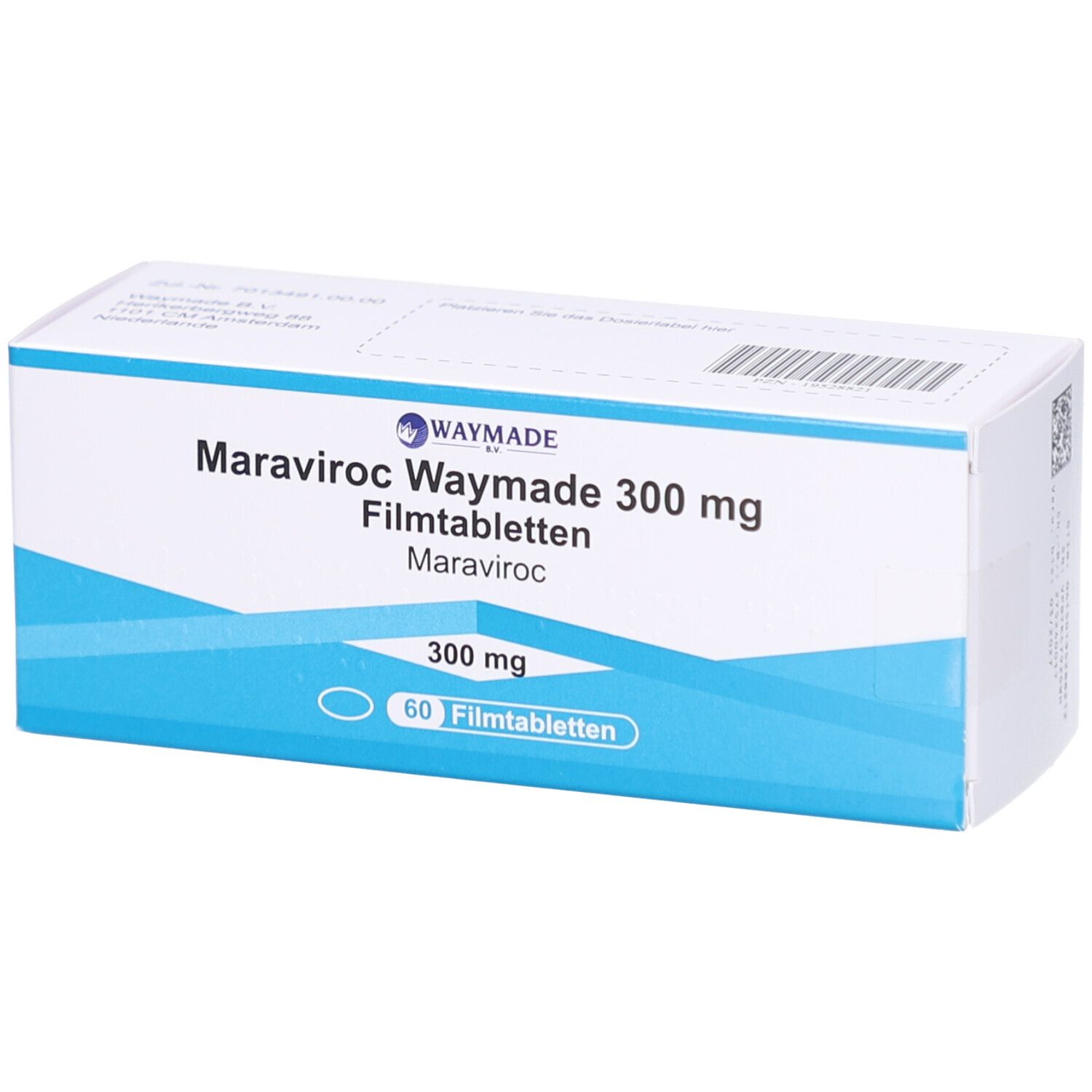 Schachtel mit MARAVIROC Waymade 300 mg Filmtabletten. Blaue und weiße Verpackung. Enthält 60 Filmtabletten.