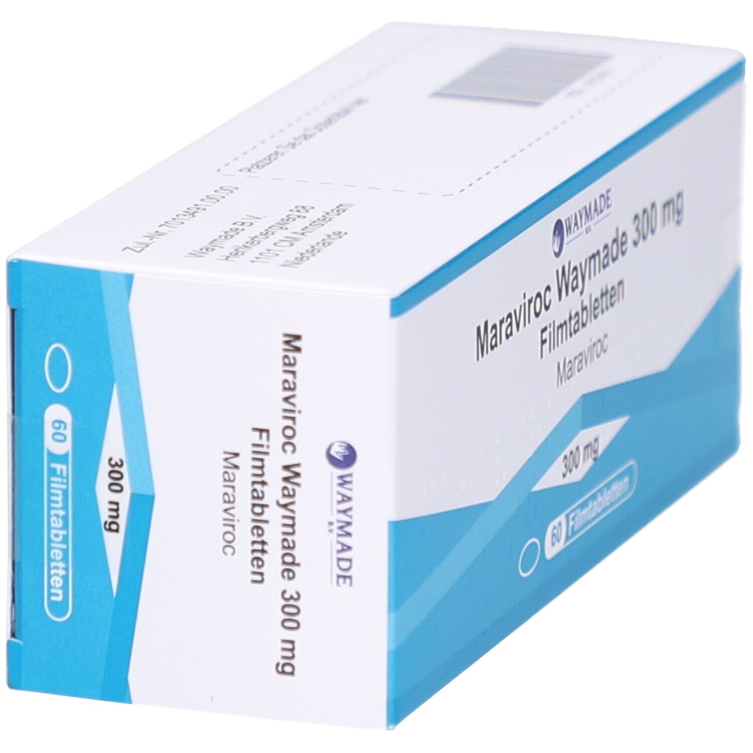 Schachtel MARAVIROC Waymade 300 mg Filmtabletten, schräg. Blaue und weiße Verpackung. 60 Filmtabletten.