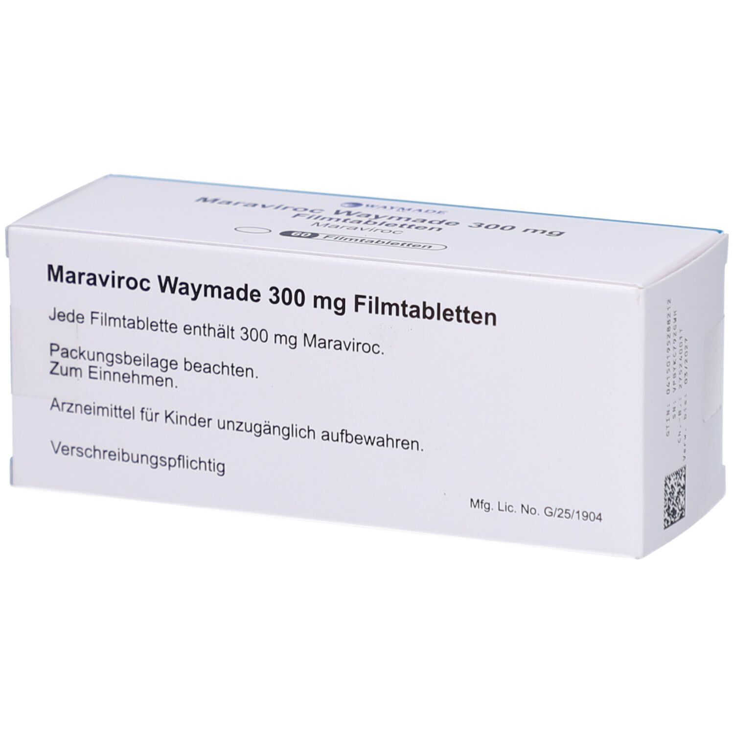 Schachtel MARAVIROC Waymade 300 mg Filmtabletten. Weiße Verpackung mit blauen Akzenten. Text und Logos.