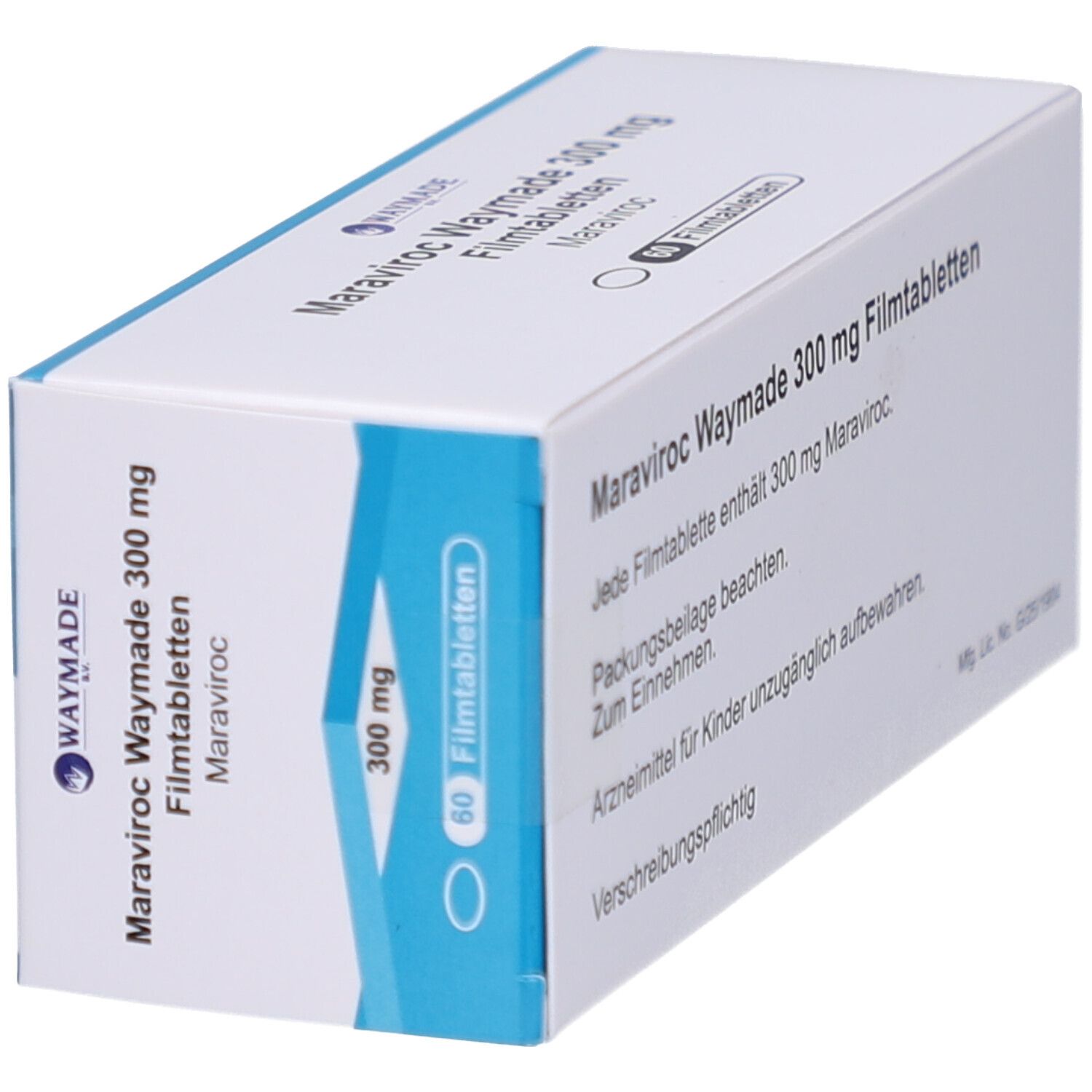 Schachtel MARAVIROC Waymade 300 mg Filmtabletten, schräg. Weiße Verpackung mit blauen Akzenten. Text und Logos.