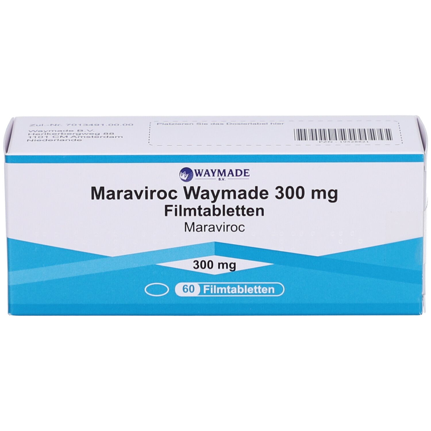 Schachtel MARAVIROC Waymade 300 mg Filmtabletten. Blaue und weiße Verpackung. 60 Filmtabletten.